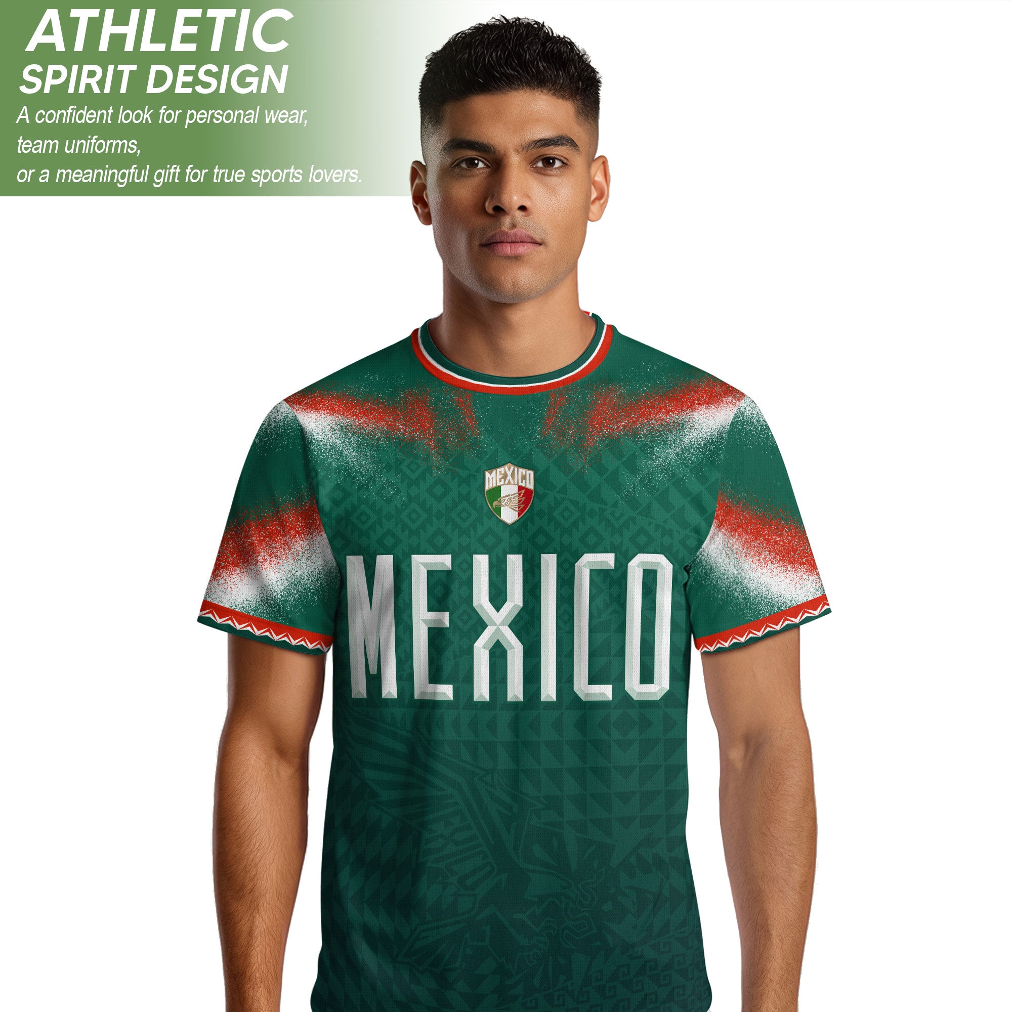 Camiseta de fútbol premium con emblema de águila azteca verde y dorado de México
