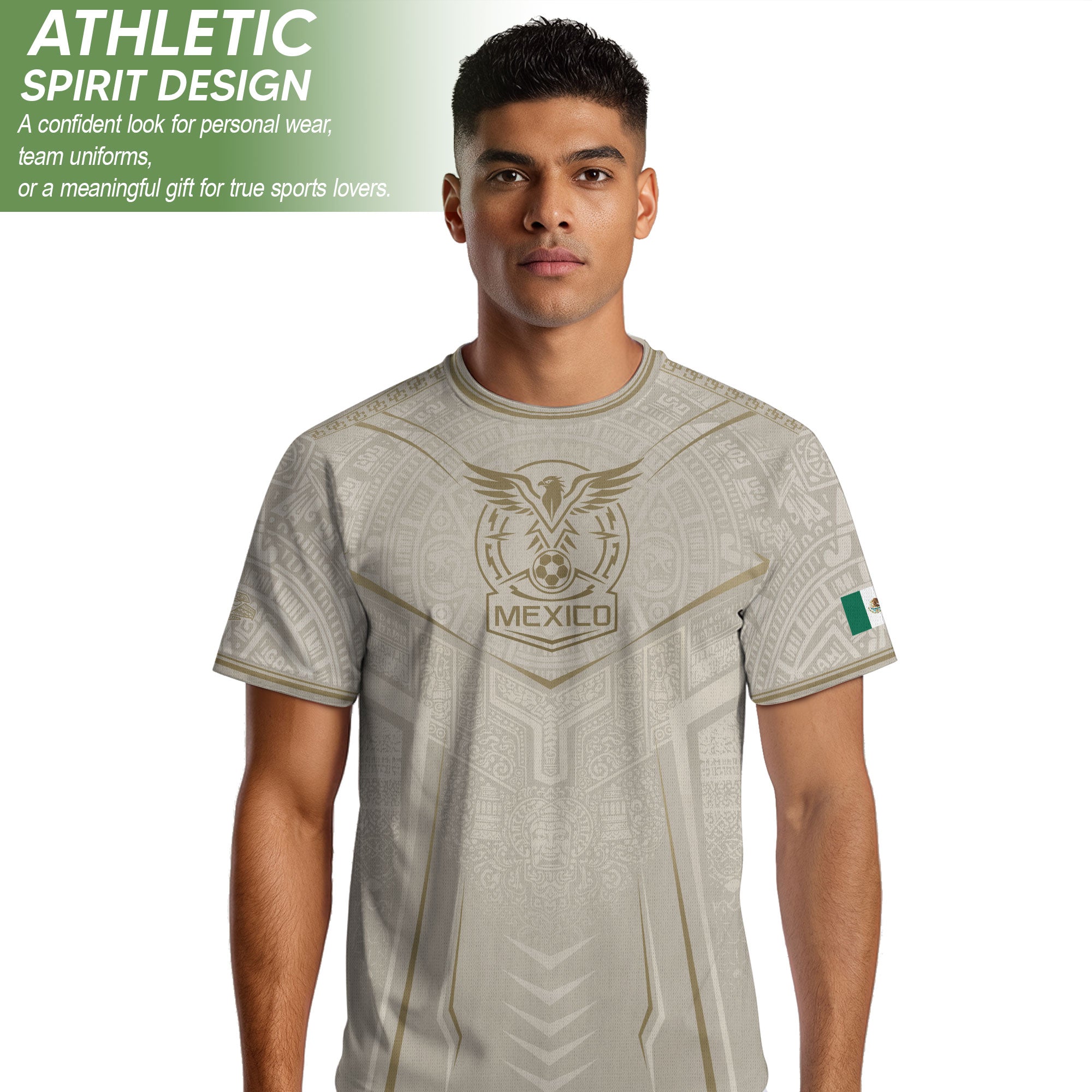 Camiseta de fútbol premium con emblema de águila azteca verde y dorado de México