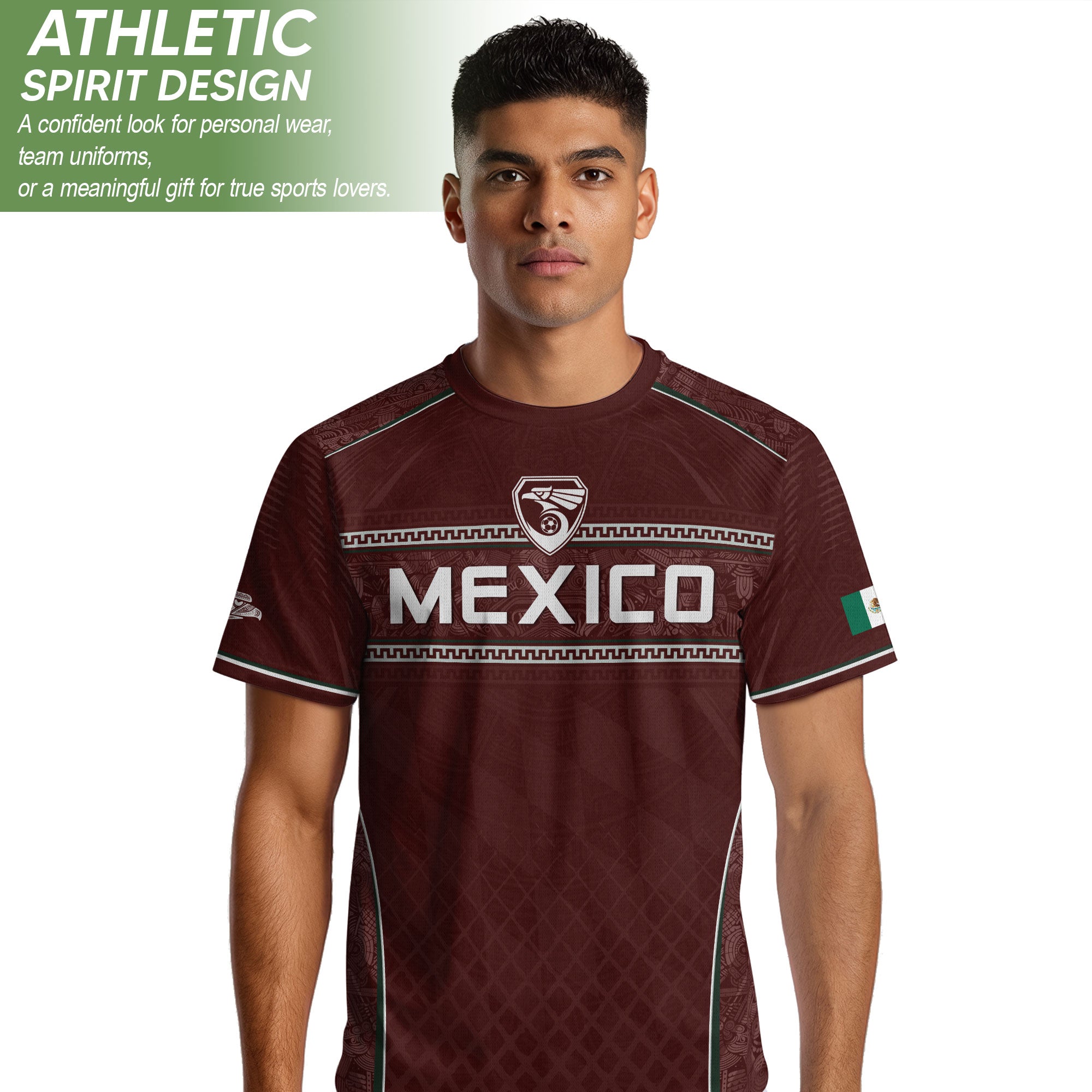 Camiseta de fútbol premium con emblema de águila azteca verde y dorado de México