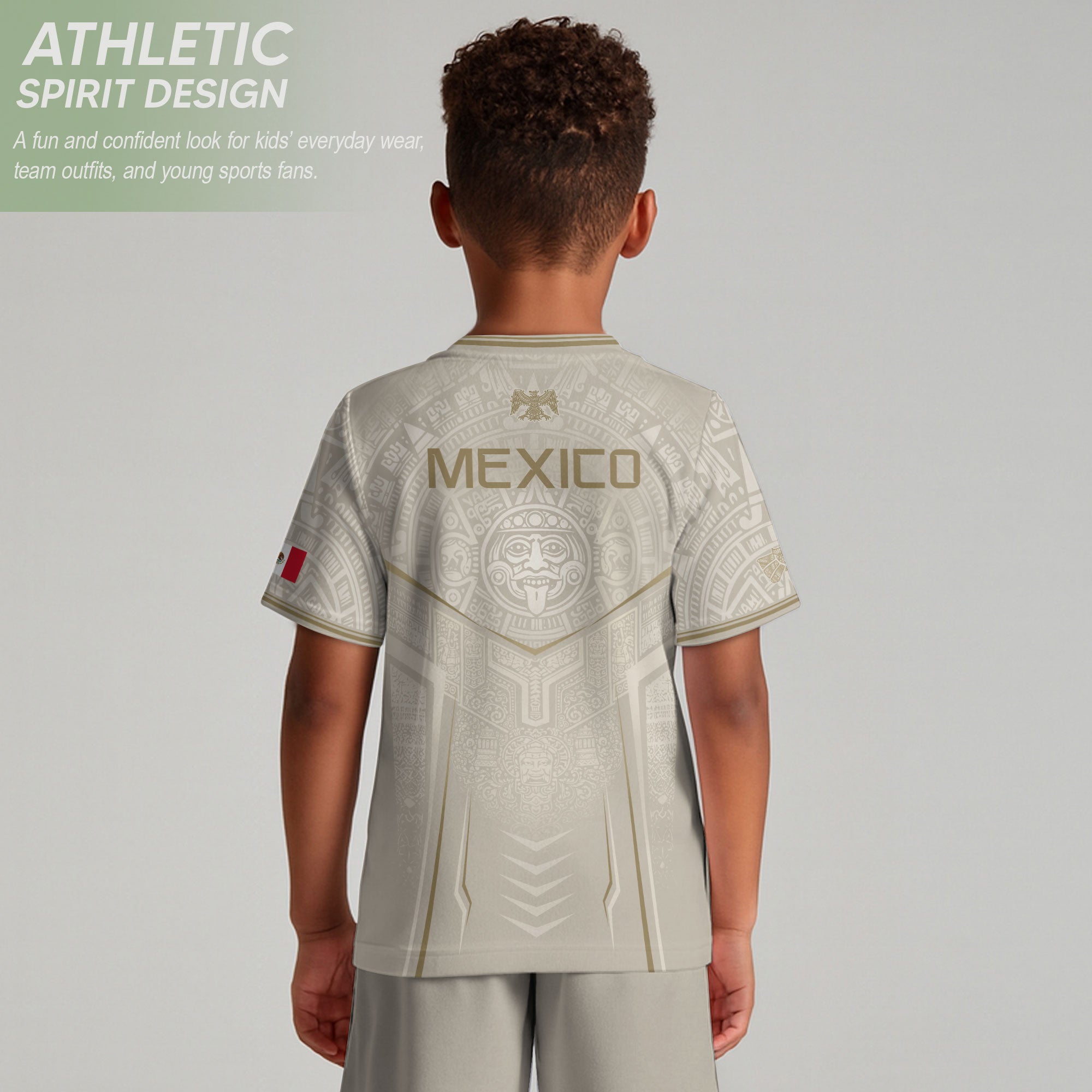 Mexico Soccer Jersey Youth White Gold Aztec Football Shirt Heritage Fan Apparel