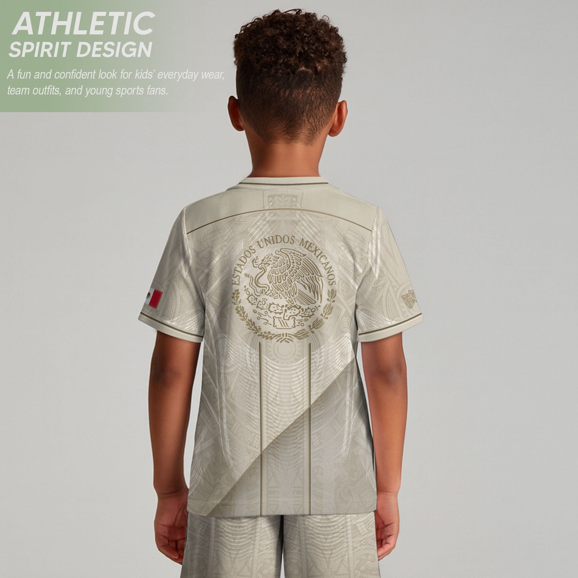 Camiseta de fútbol juvenil con estampado vertical del Águila Dorada Negra de México