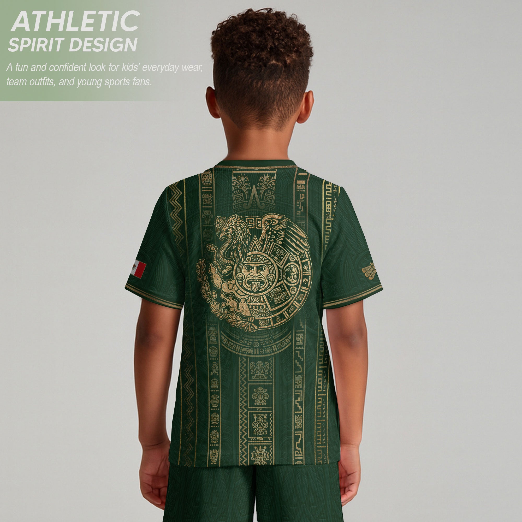 Camiseta de fútbol juvenil con estampado vertical del Águila Dorada Negra de México