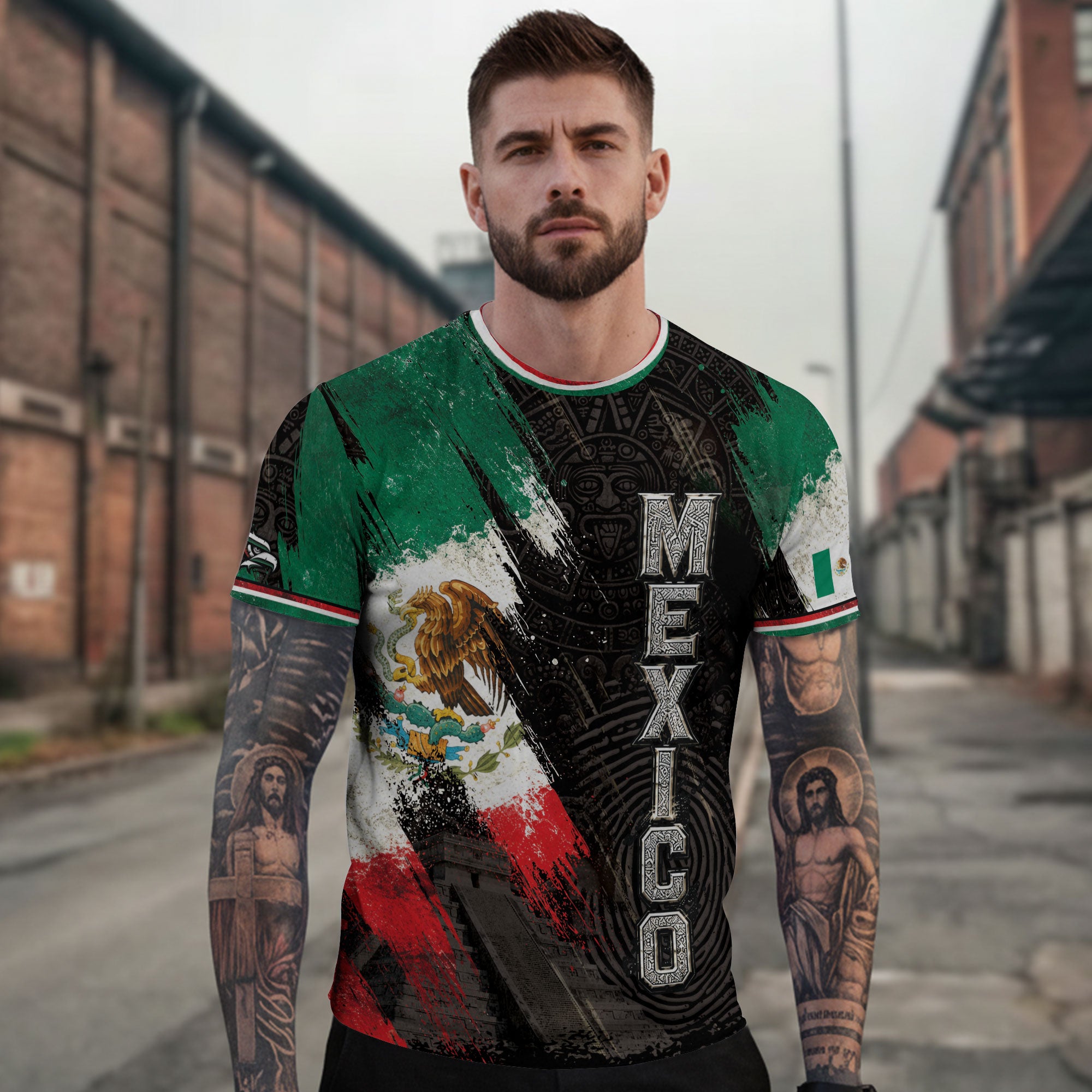 Mexico T-Shirt All Over Print Aztec Eagle Mexican Flag Shirt Men Graphic Tee
