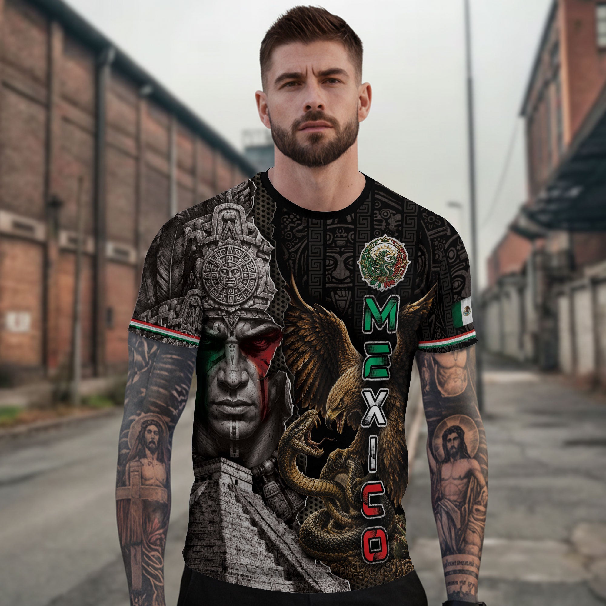 Mexico T-Shirt Aztec Warrior Mayan Pyramid Eagle Serpent Graphic Tee Shirt