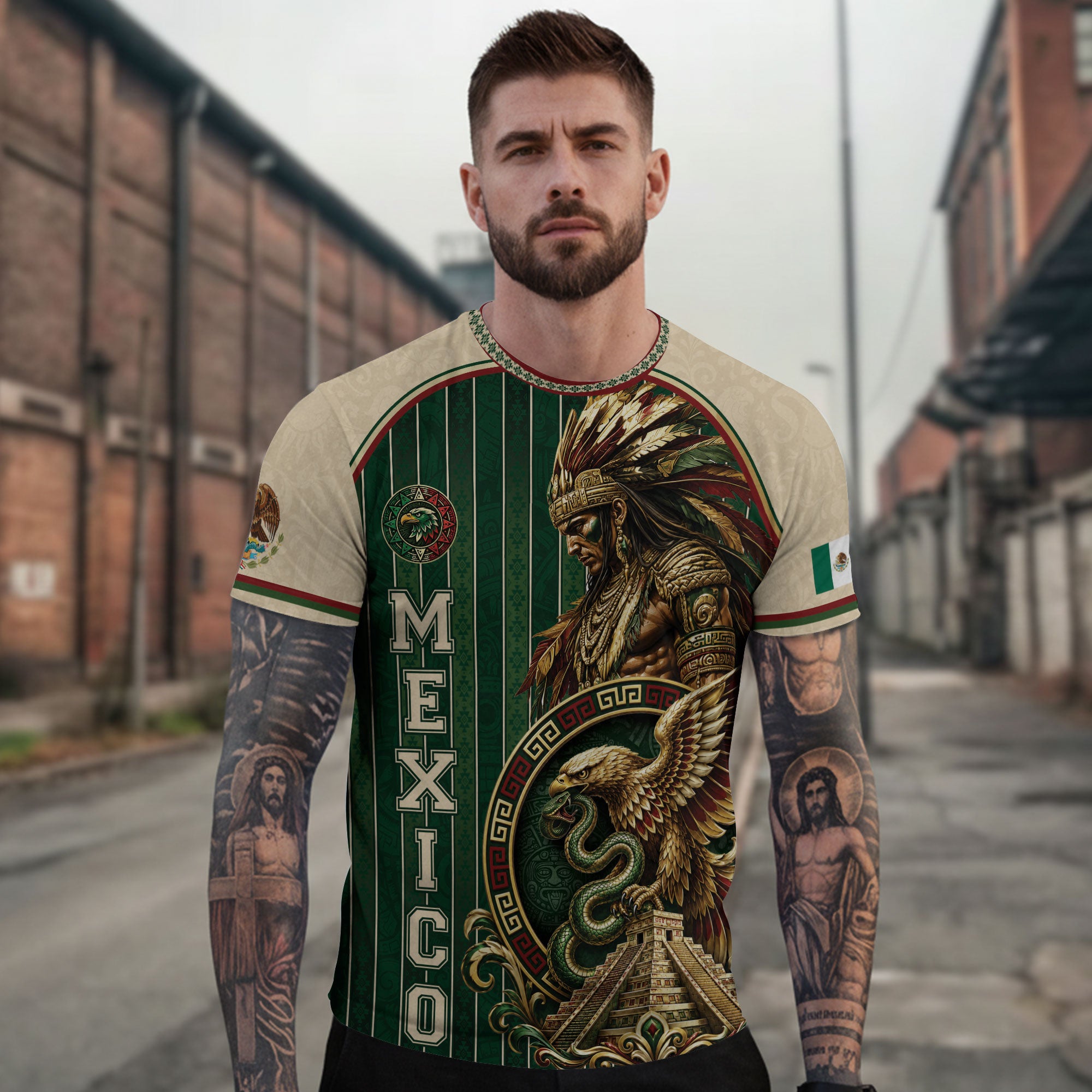 Camiseta con la bandera de México, Guadalupe, herencia floral azteca, legado del orgullo nacional