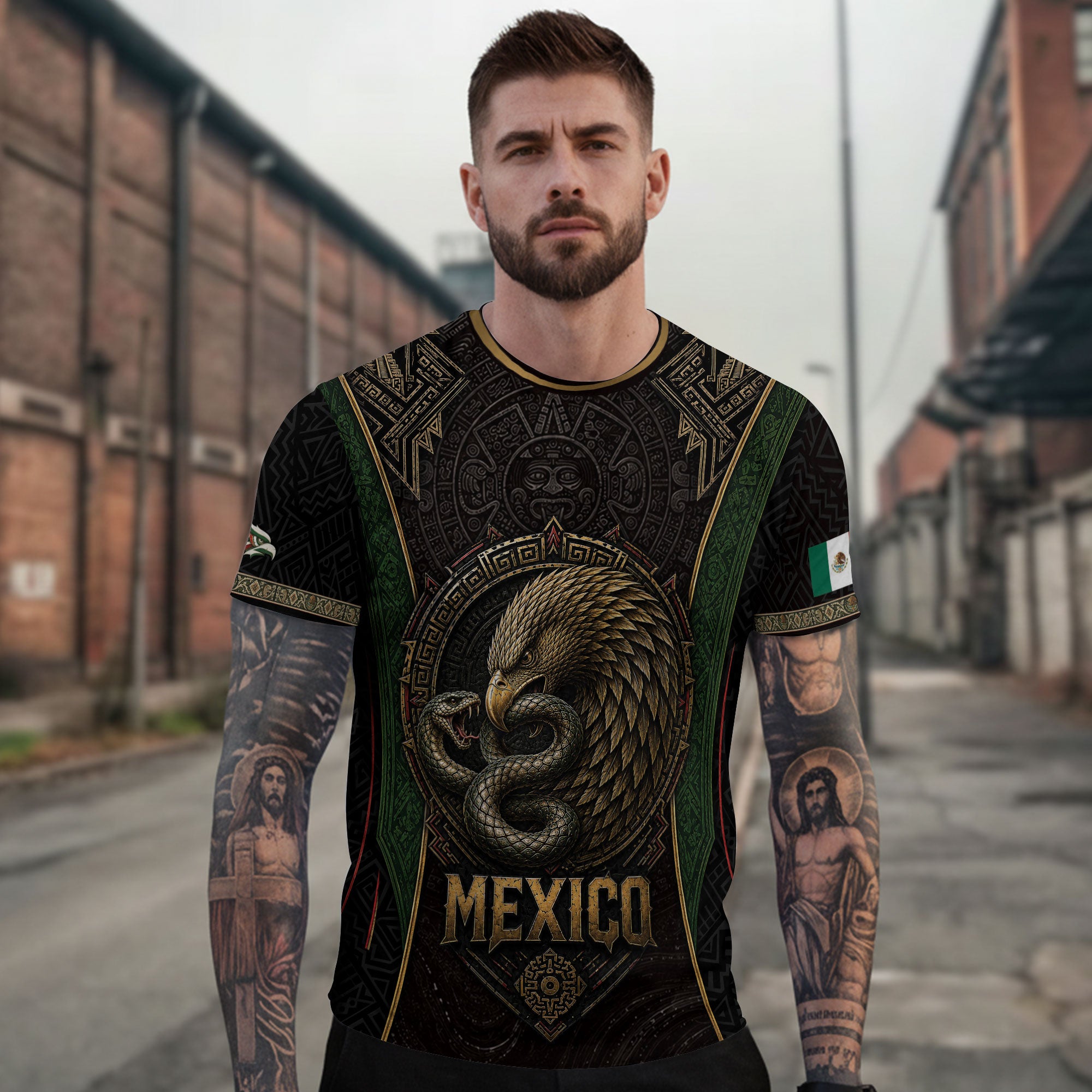 Camiseta con la bandera de México, Guadalupe, herencia floral azteca, legado del orgullo nacional