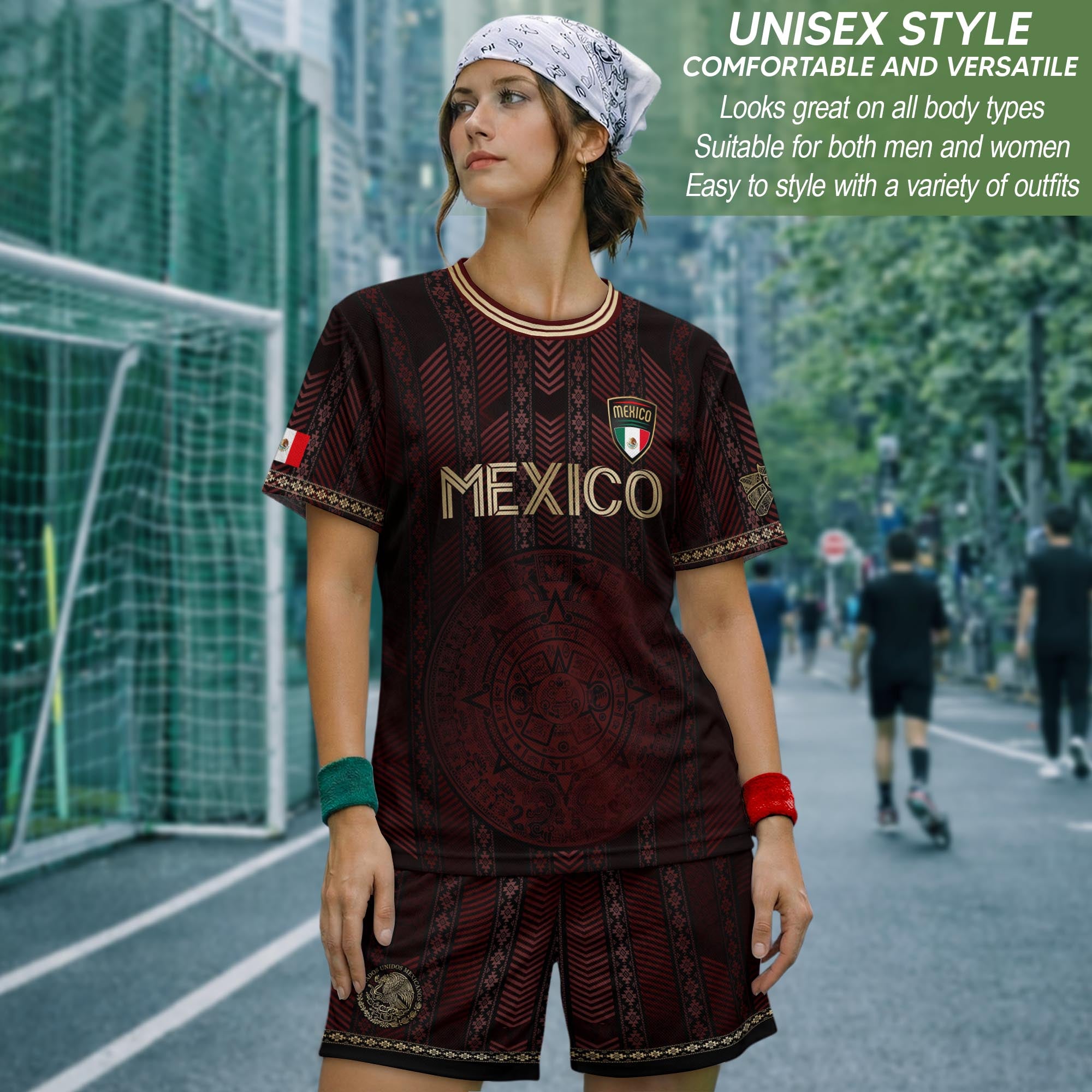 Mexico Burgundy Soccer Jersey with Golden Aztec Calendar and Eagle Crest