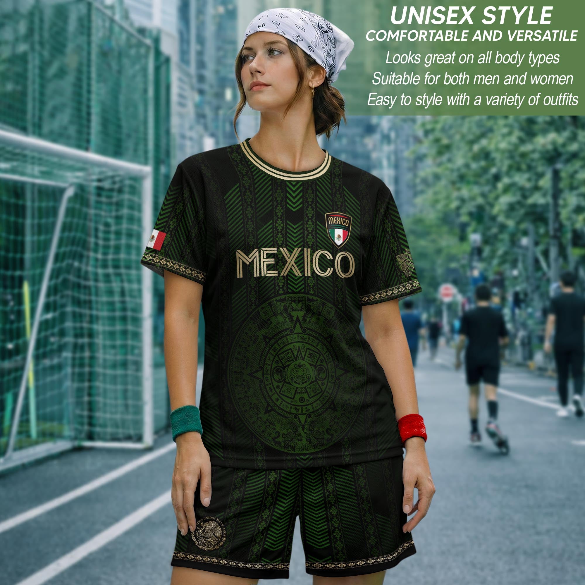 Mexico Green Soccer Jersey with Golden Aztec Calendar and Eagle Crest