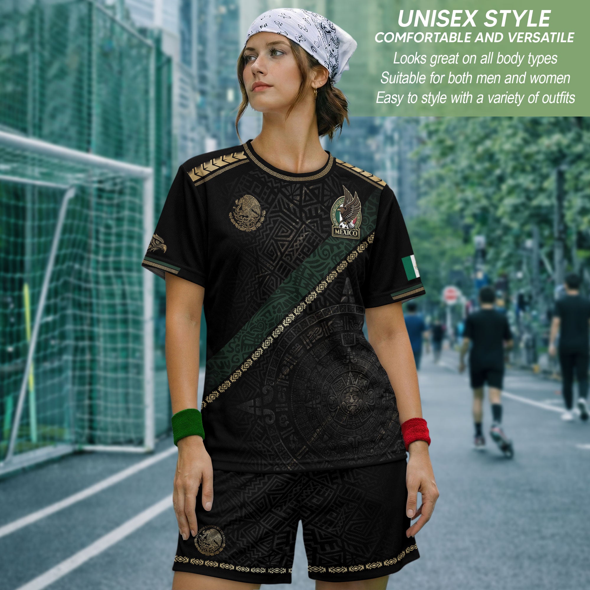 Mexico Heritage Orgullo Mexicano Black Gold Sash Aztec Calendar Gold Shoulder Soccer Jersey