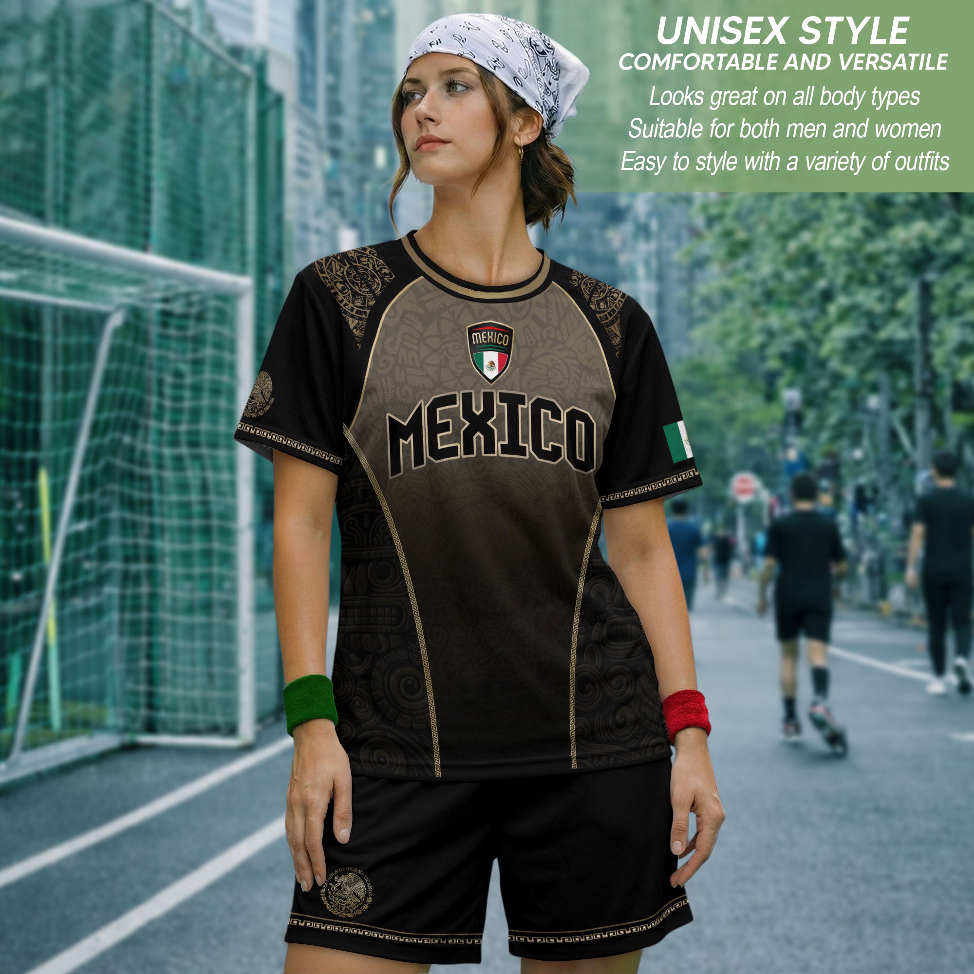 Mexico Heritage Black Tan Arch Design Aztec Empire Pride Graphic Soccer Jersey