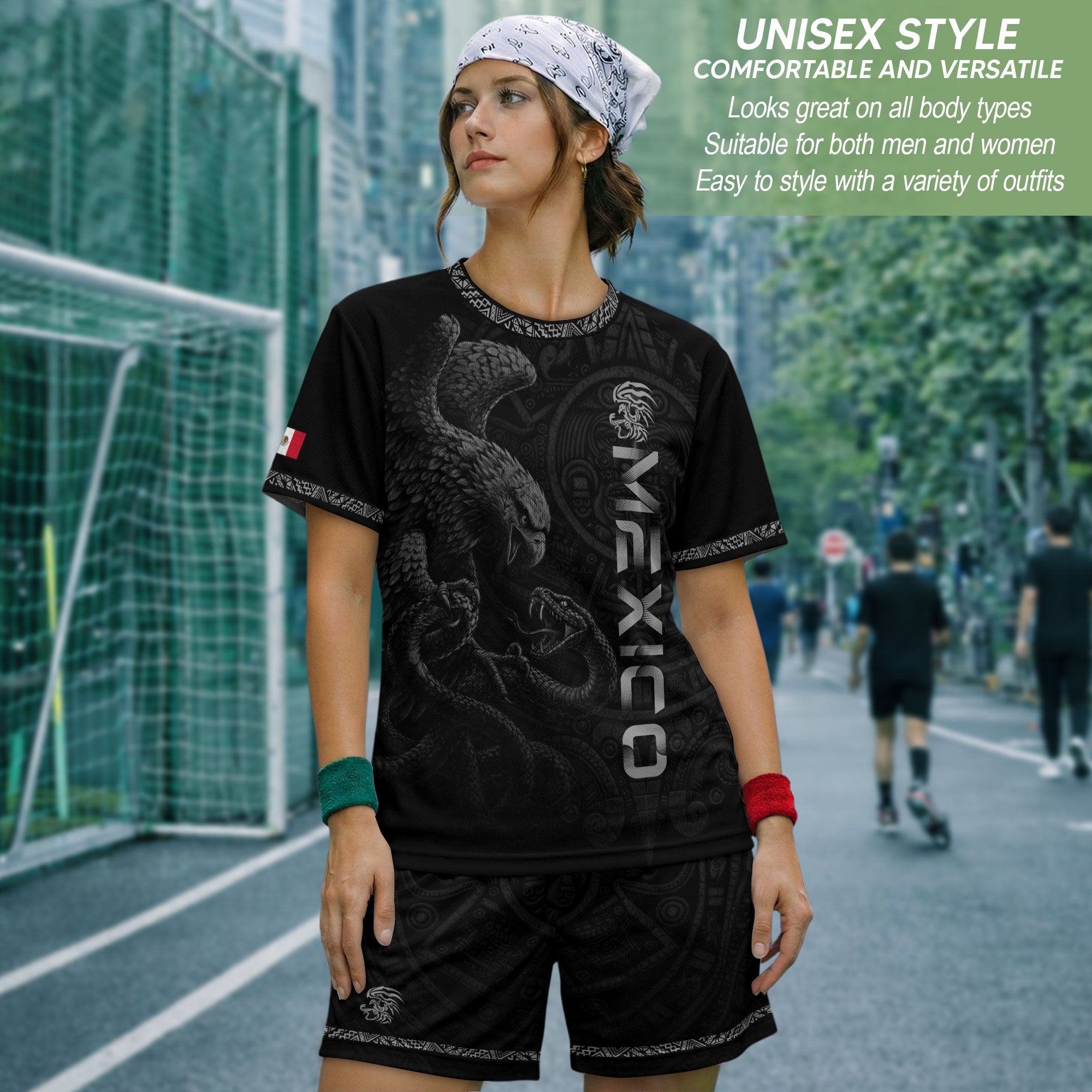 Camiseta de fútbol premium con emblema de águila azteca verde y dorado de México