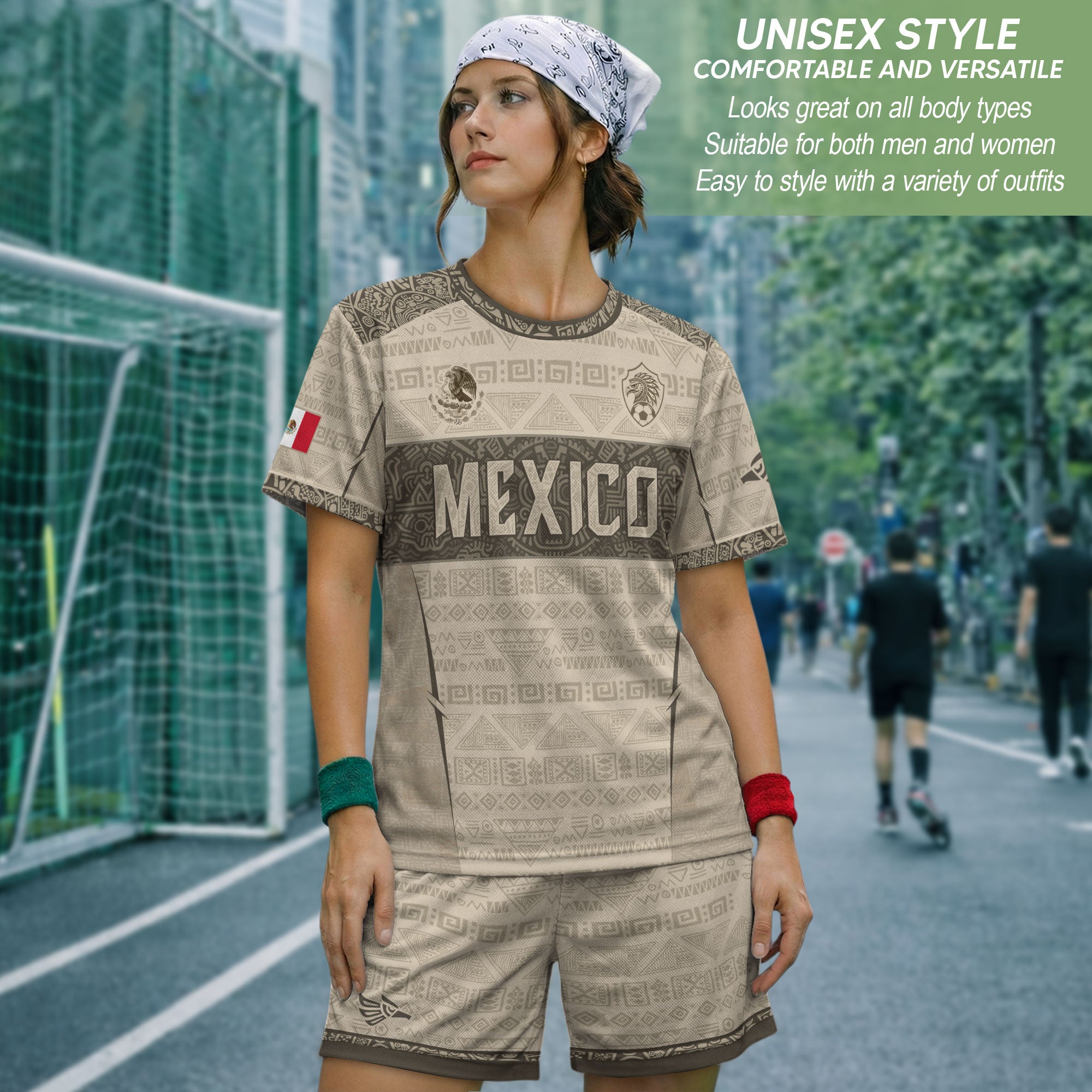 Mexico Coat of Arms Beige Aztec Mayan Tribal Geometric Pattern Heritage Soccer Jersey