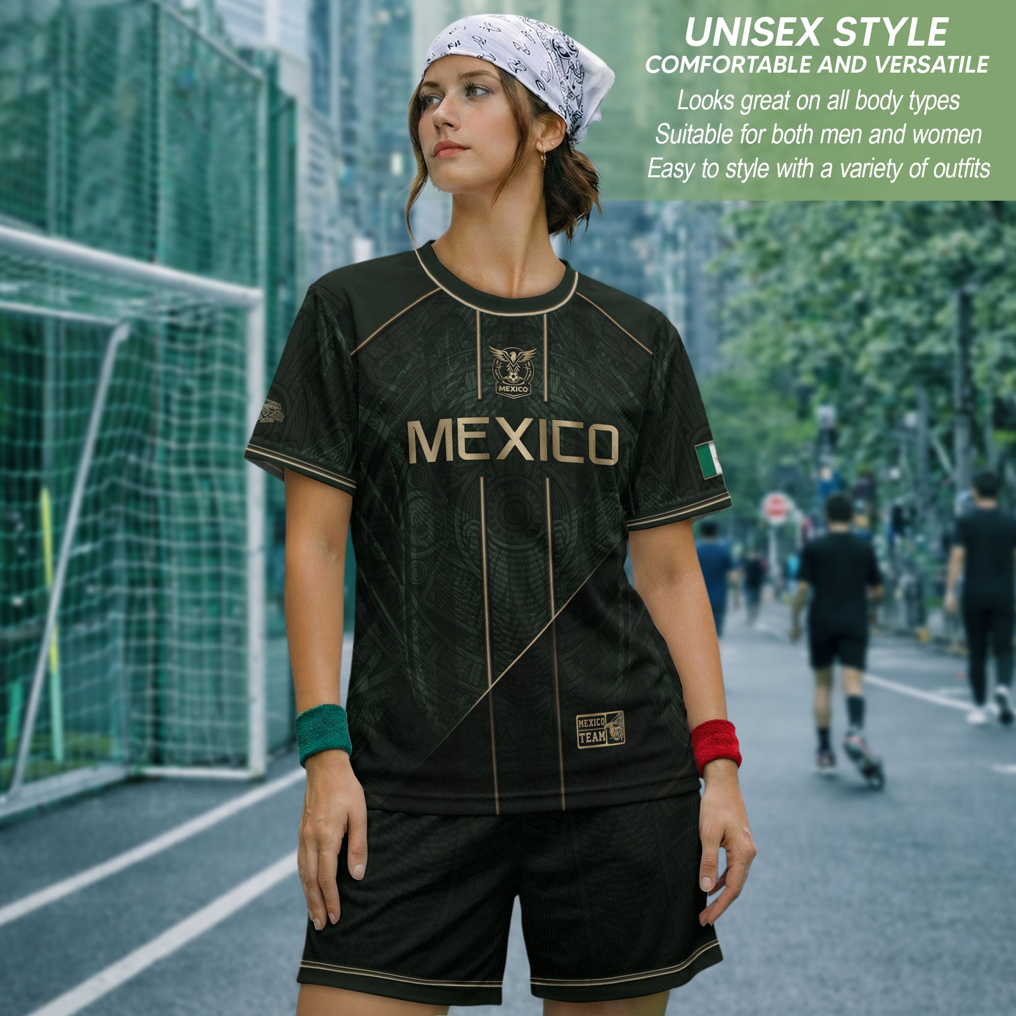 Camiseta de fútbol premium con emblema de águila azteca verde y dorado de México
