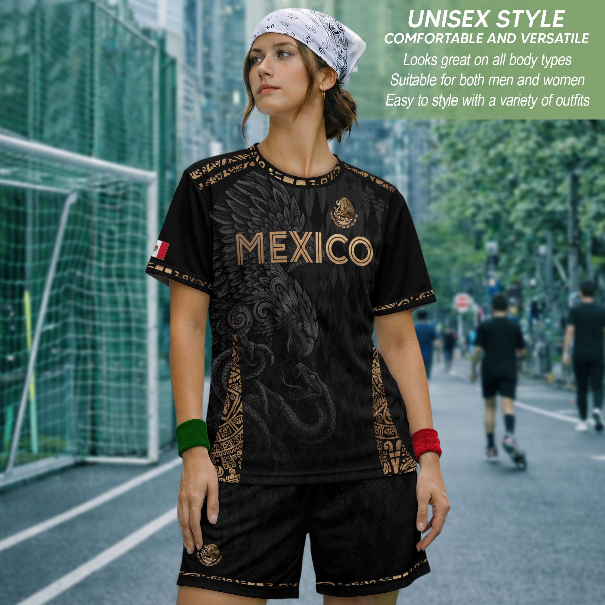 Camiseta de fútbol premium con emblema de águila azteca verde y dorado de México