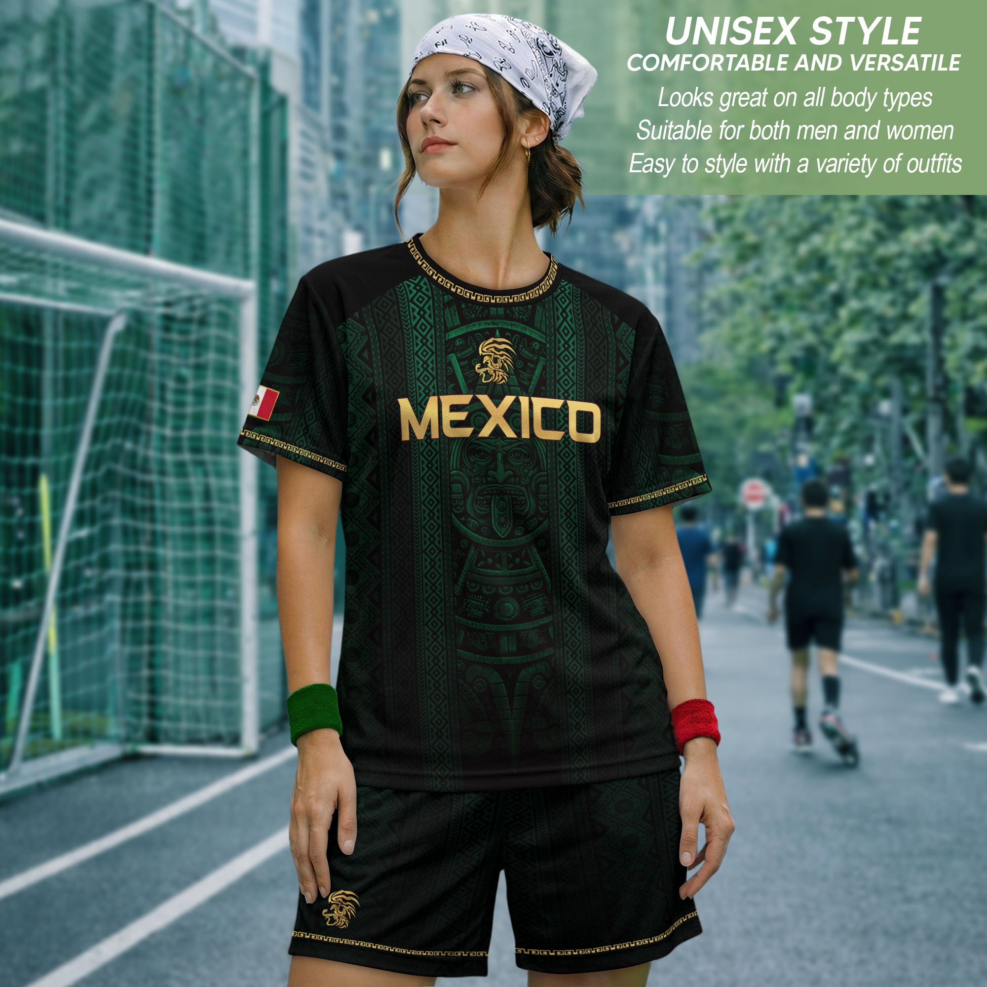 Camiseta de fútbol premium con emblema de águila azteca verde y dorado de México