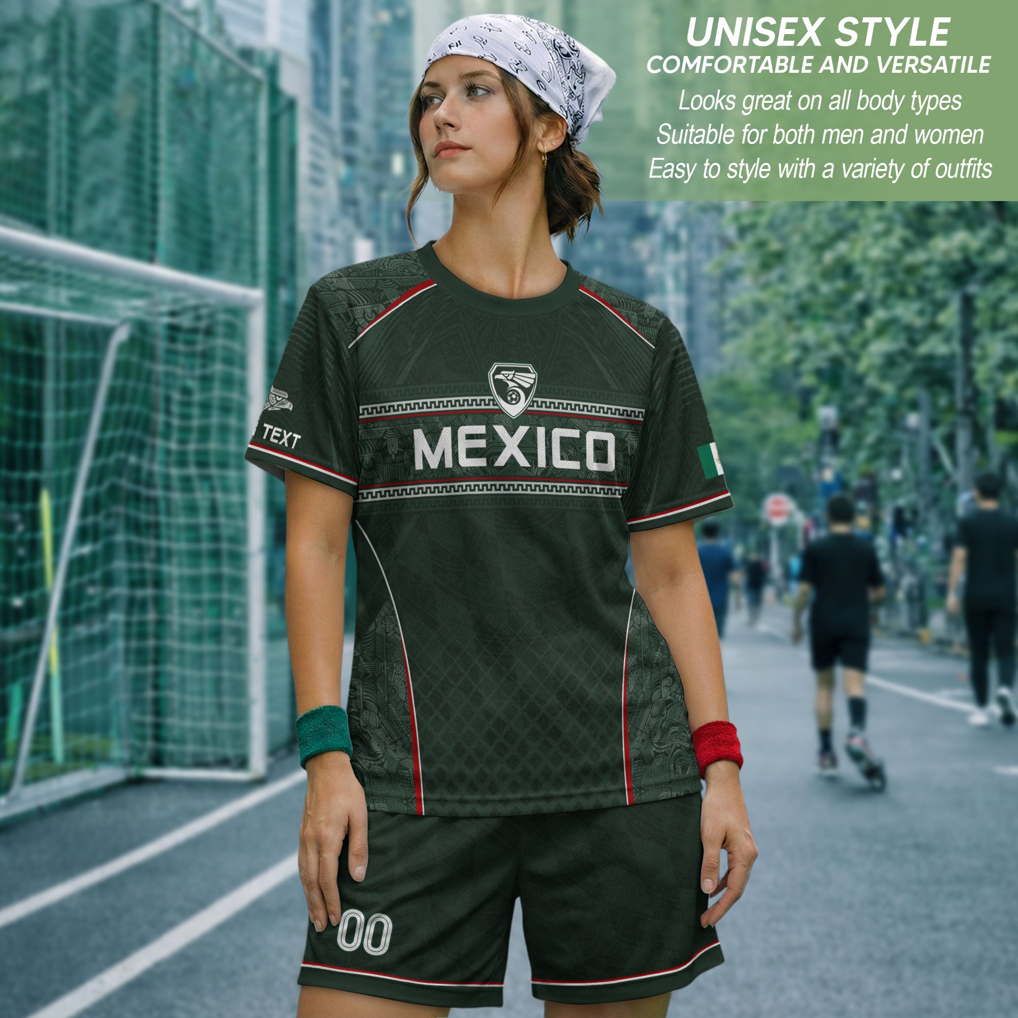 Camiseta de fútbol premium con emblema de águila azteca verde y dorado de México