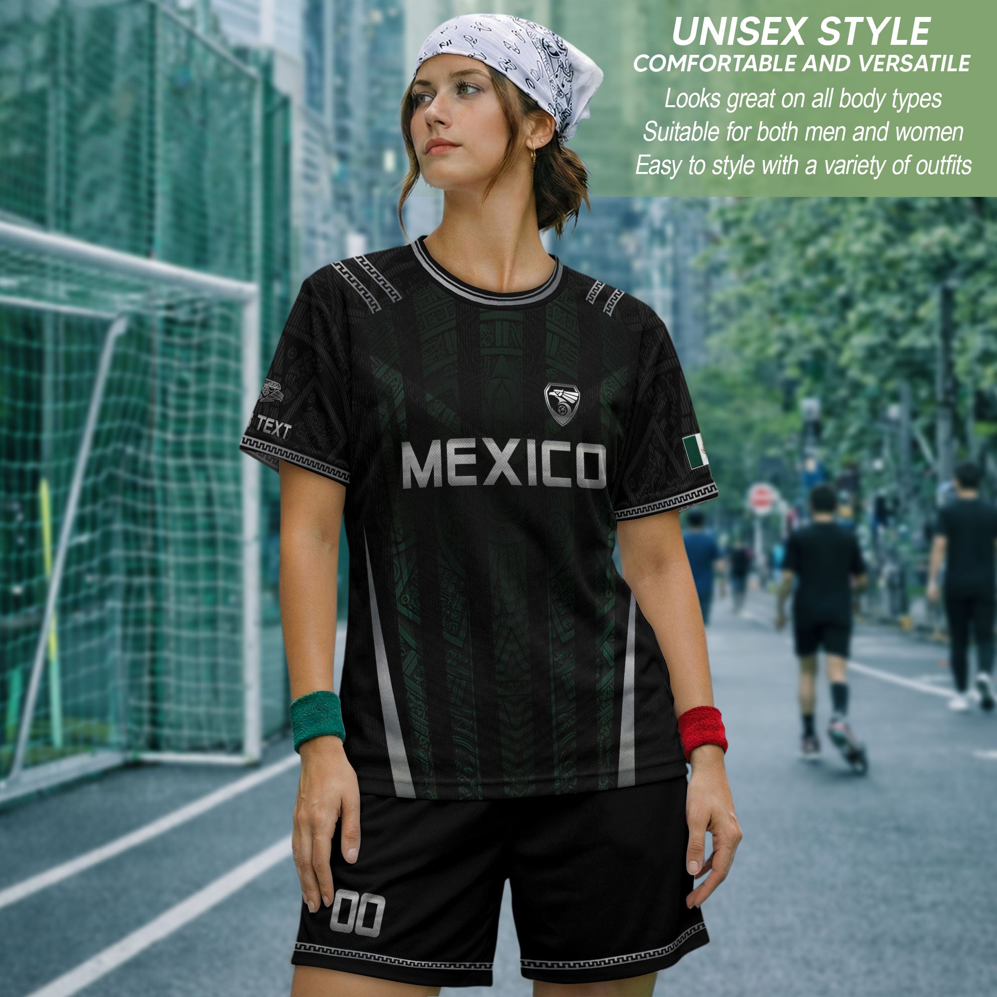 Camiseta de fútbol premium con emblema de águila azteca verde y dorado de México