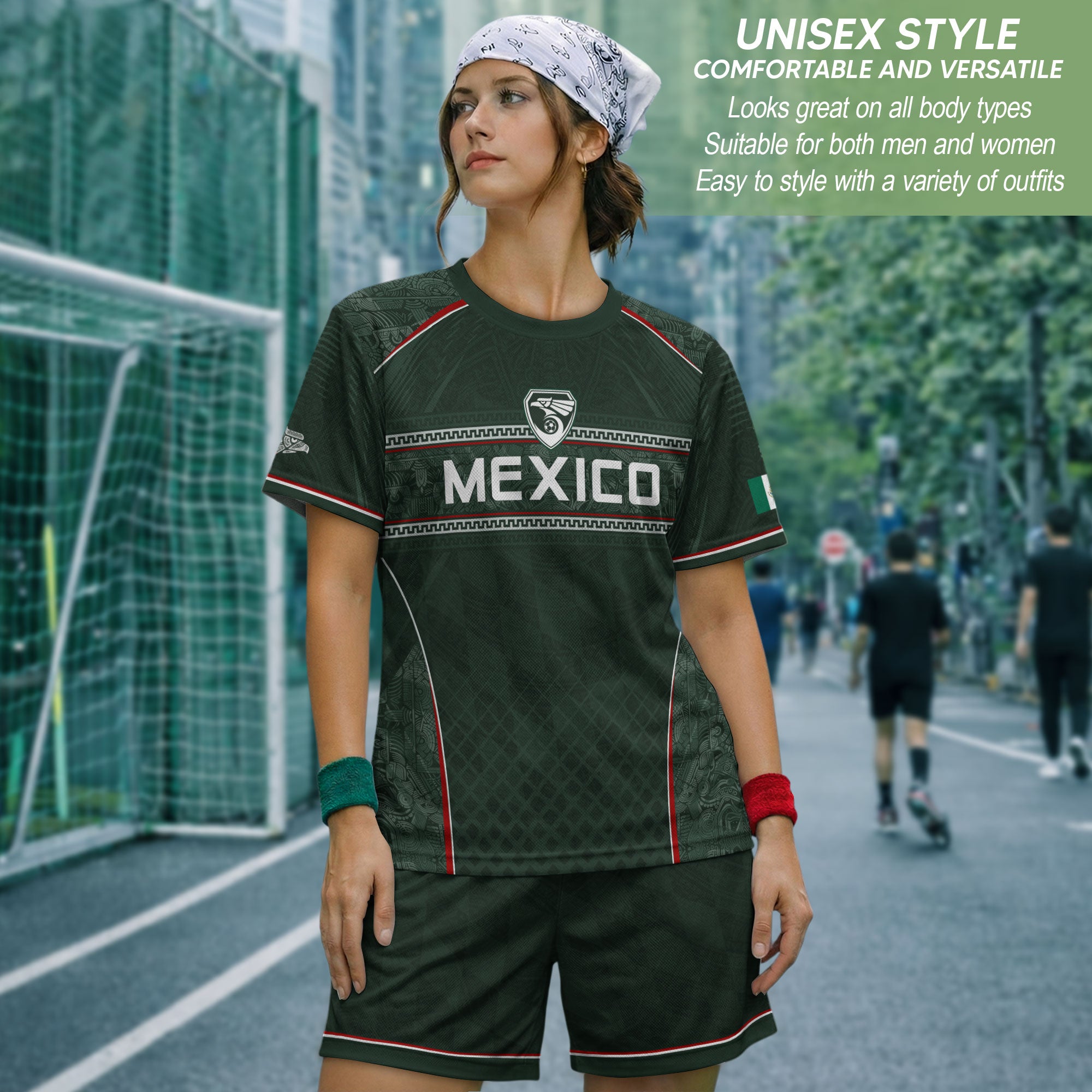 Camiseta de fútbol premium con emblema de águila azteca verde y dorado de México