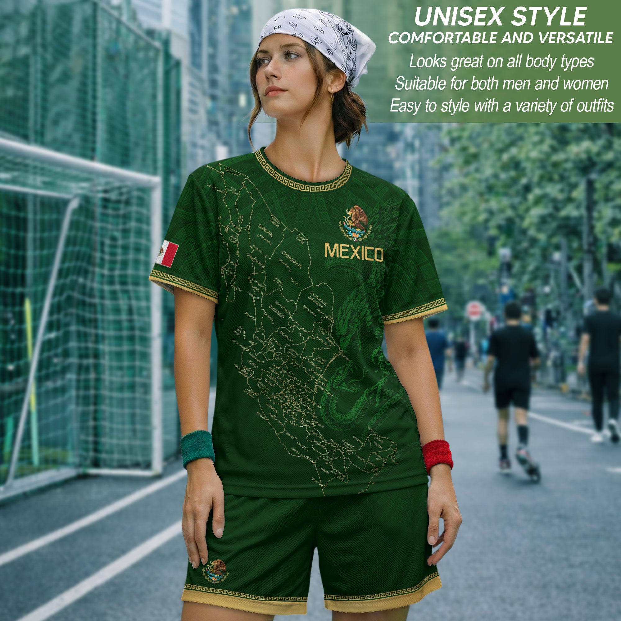 Camiseta de fútbol premium con emblema de águila azteca verde y dorado de México