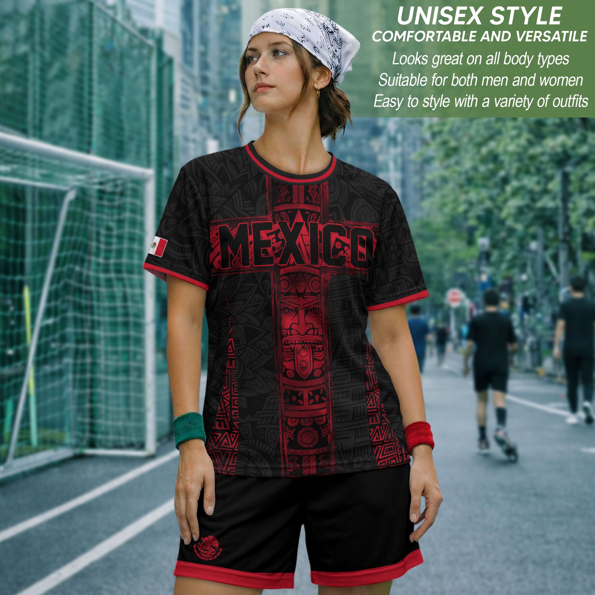Mexico Soccer Jersey Men Black Red Aztec Cross Warrior Mexican Football Shirt