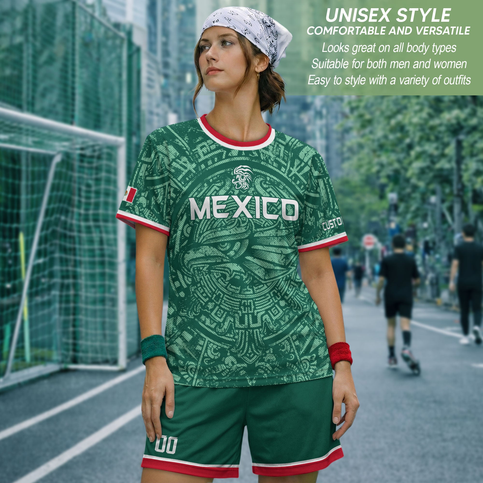 Mexico Soccer Jersey Custom Name - Green Aztec Calendar & Eagle