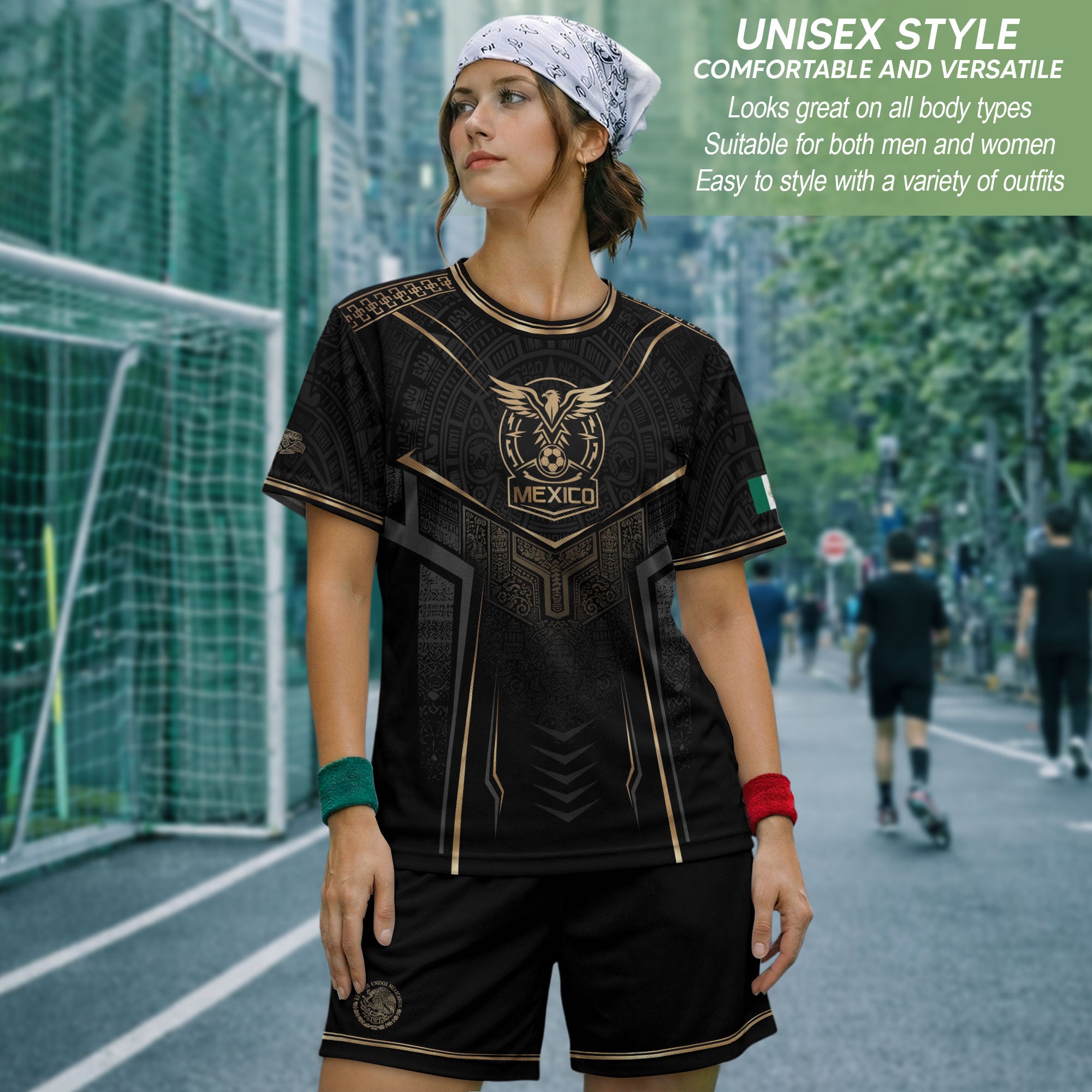 Camiseta de fútbol premium con emblema de águila azteca verde y dorado de México