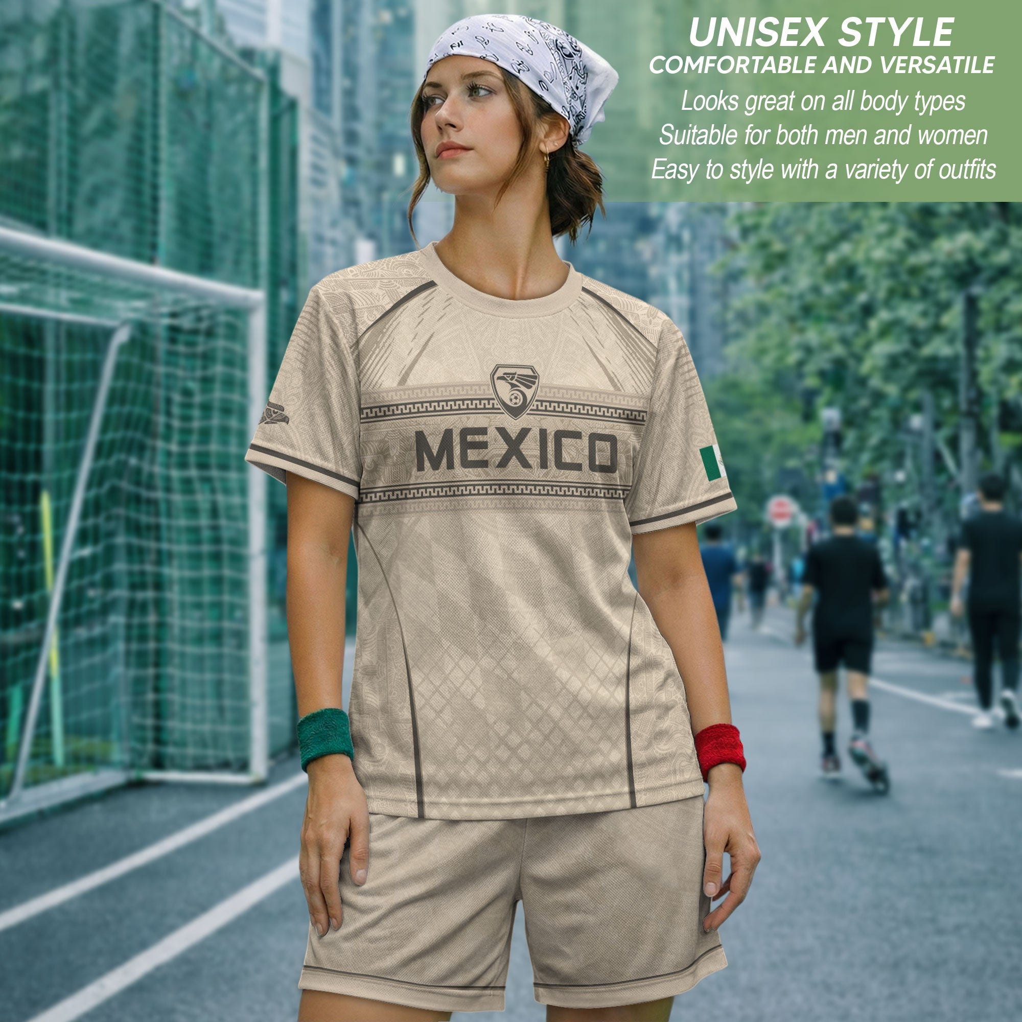 Camiseta de fútbol premium con emblema de águila azteca verde y dorado de México