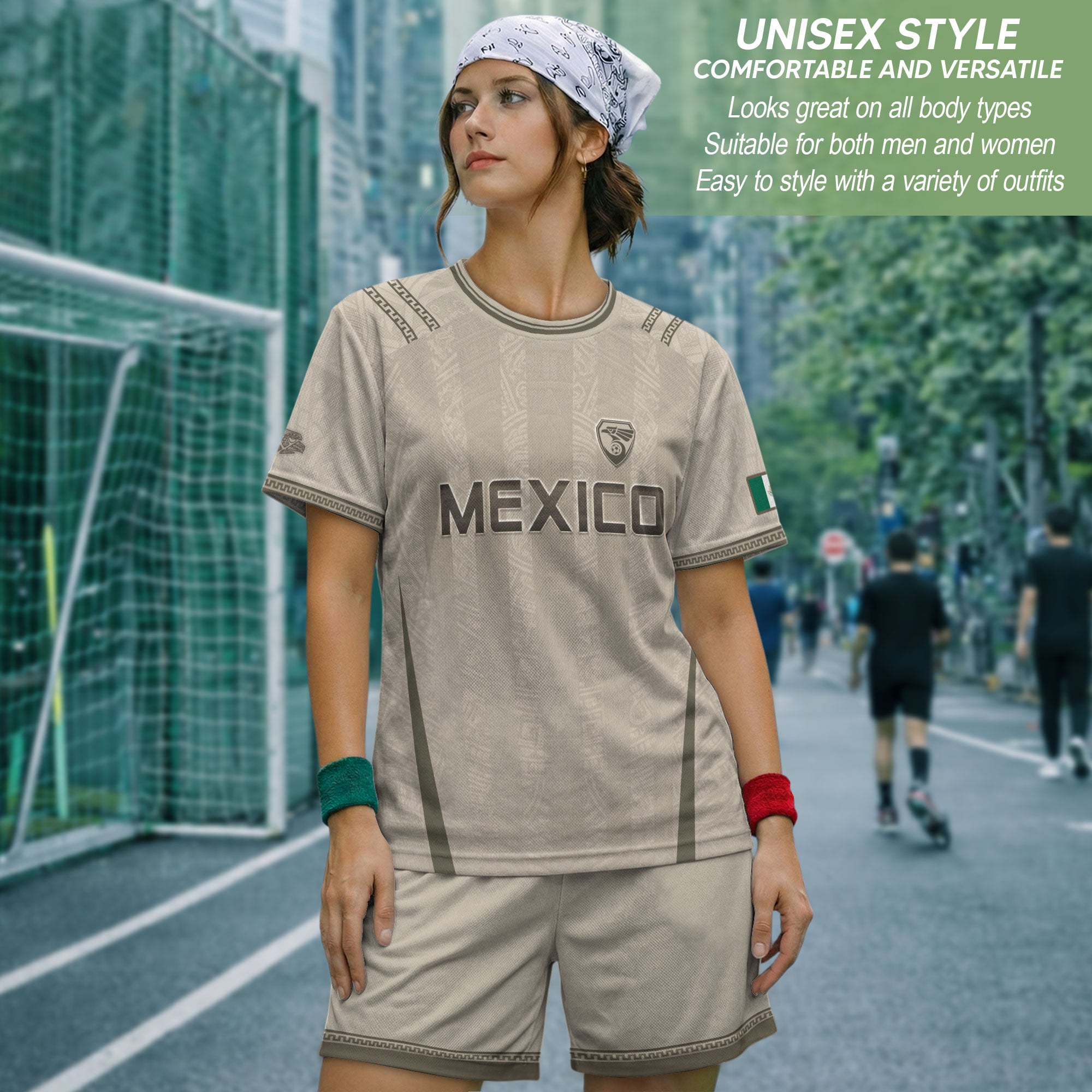 Camiseta de fútbol premium con emblema de águila azteca verde y dorado de México