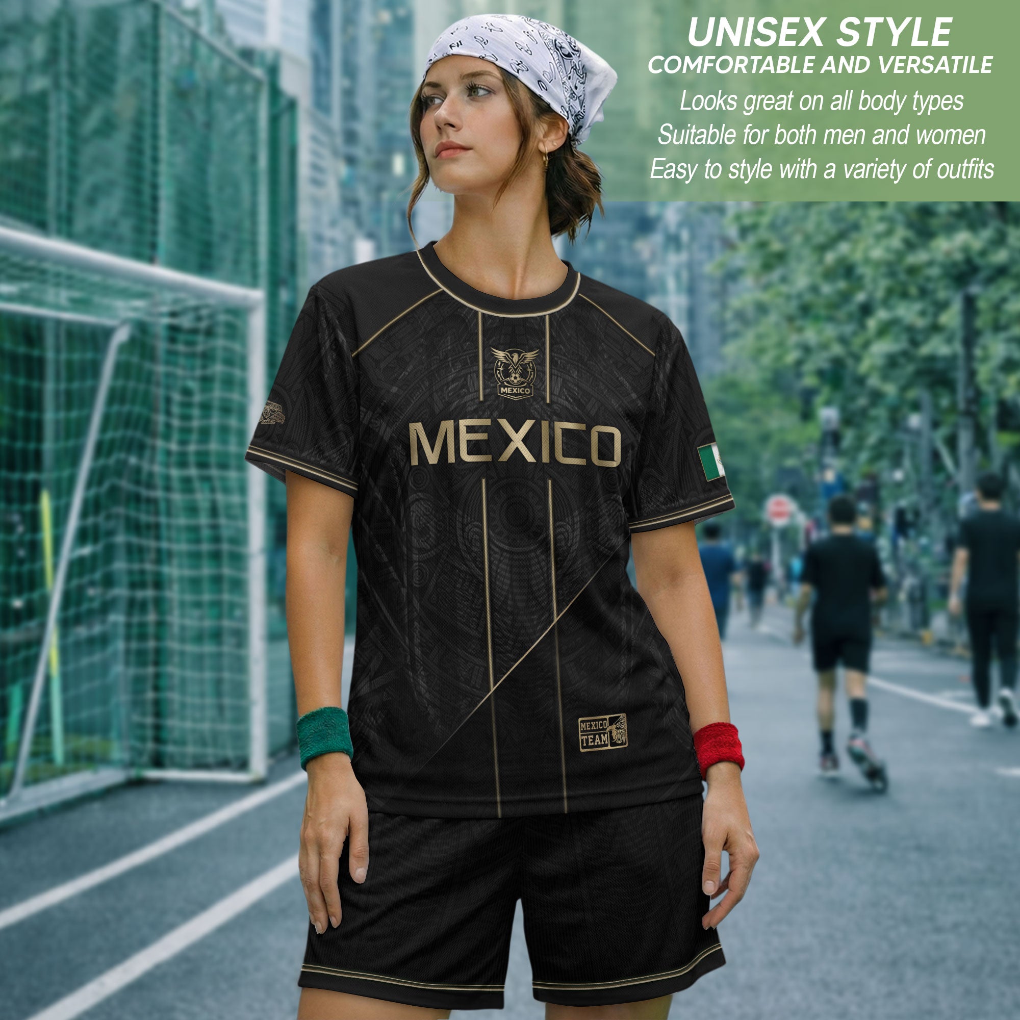 Camiseta de fútbol premium con emblema de águila azteca verde y dorado de México