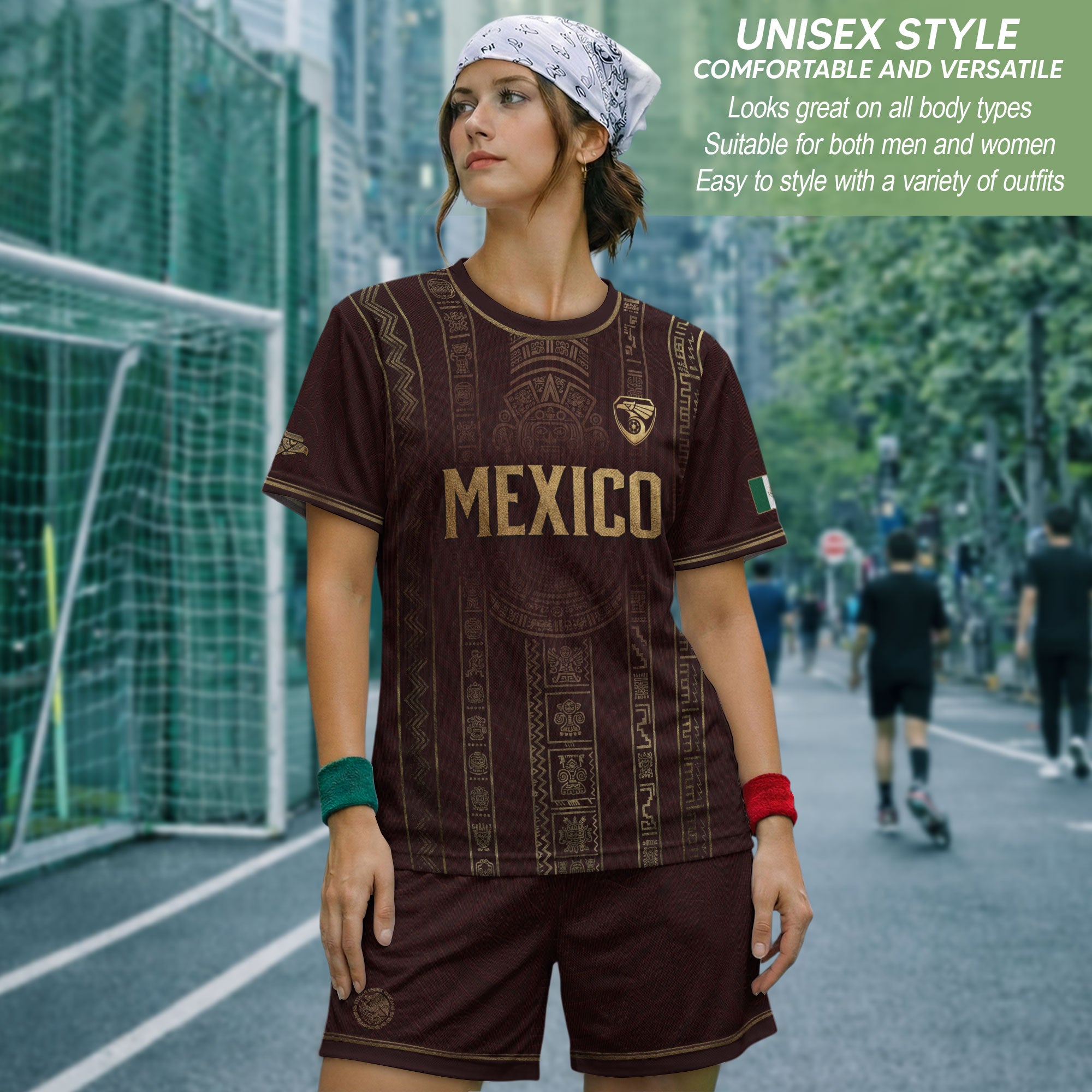 Camiseta de fútbol premium con emblema de águila azteca verde y dorado de México