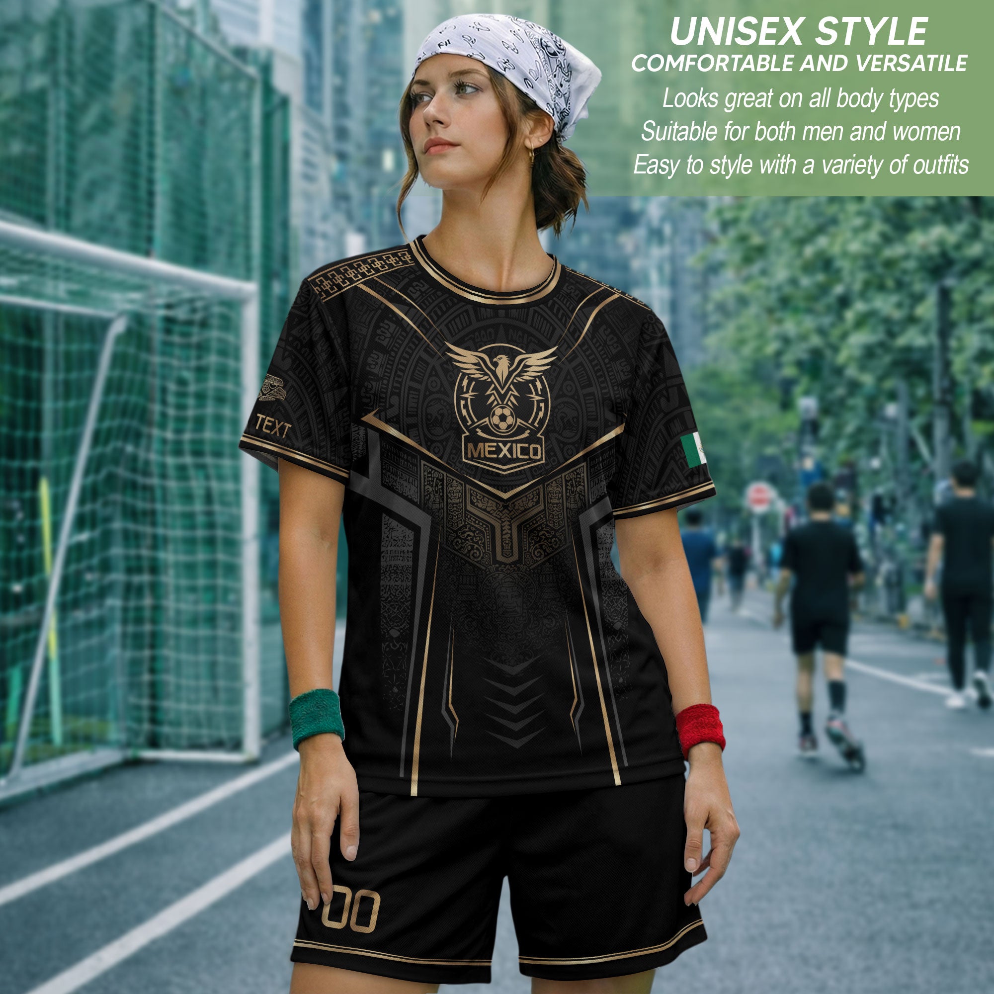 Camiseta de fútbol premium con emblema de águila azteca verde y dorado de México