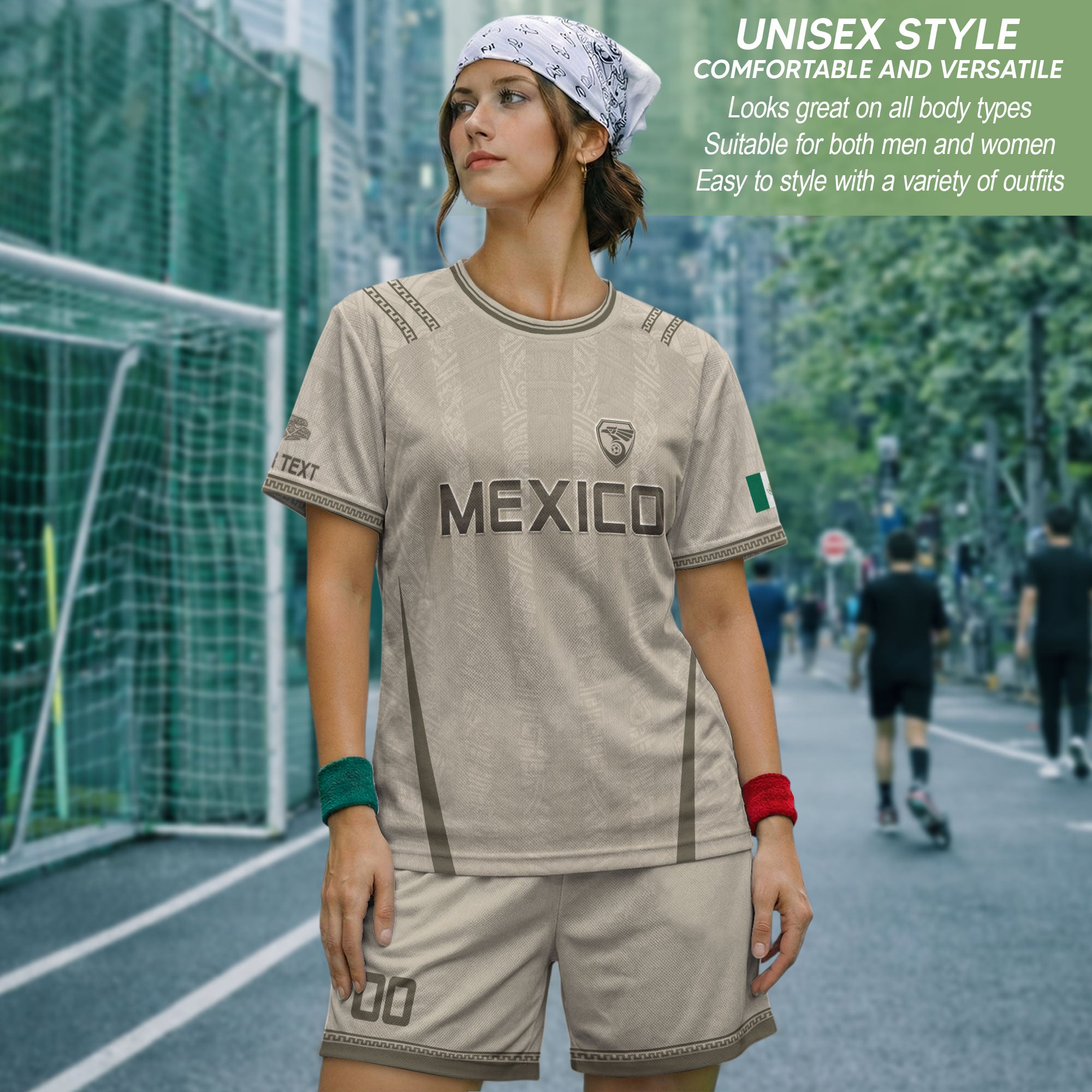 Camiseta de fútbol premium con emblema de águila azteca verde y dorado de México