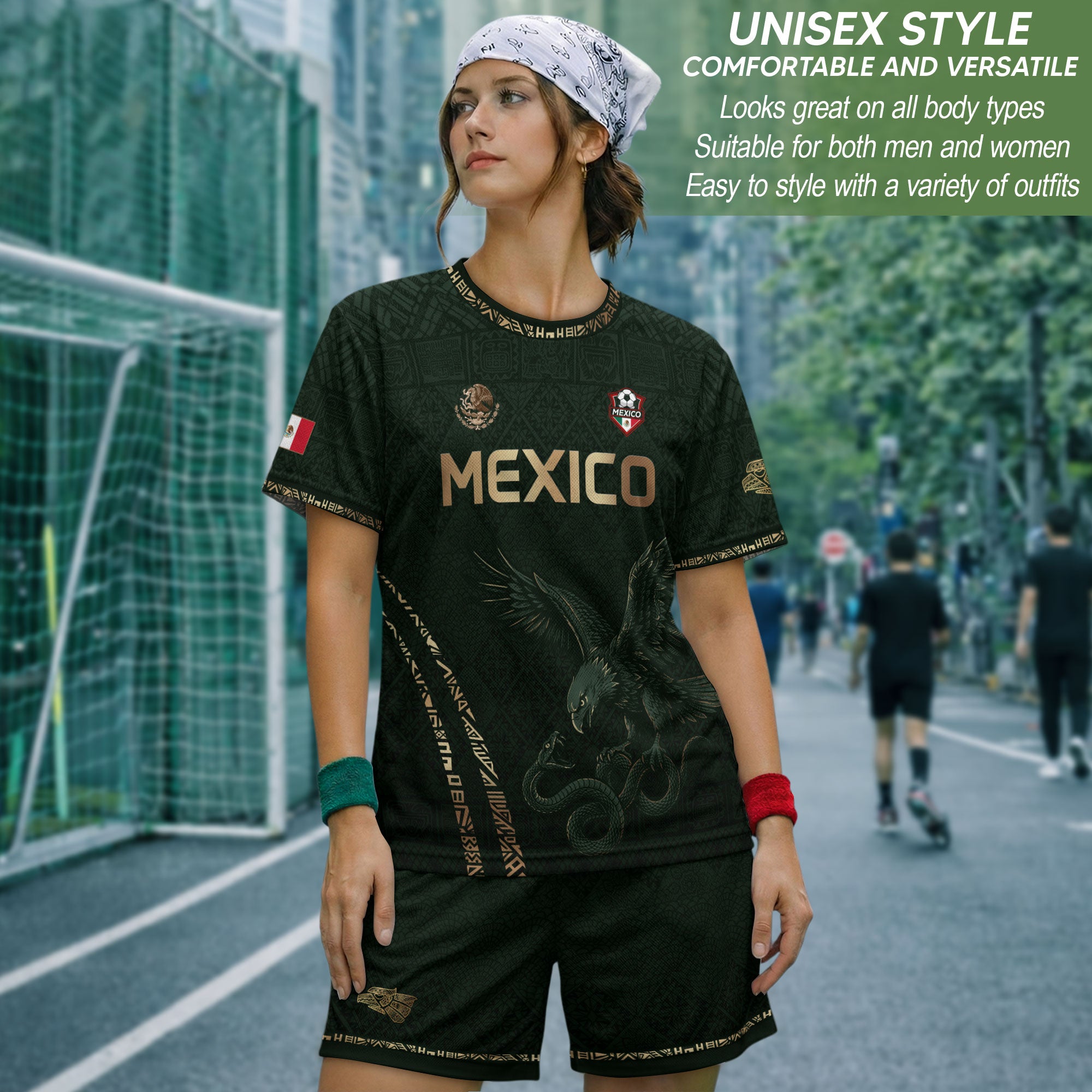 Camiseta de fútbol premium con emblema de águila azteca verde y dorado de México