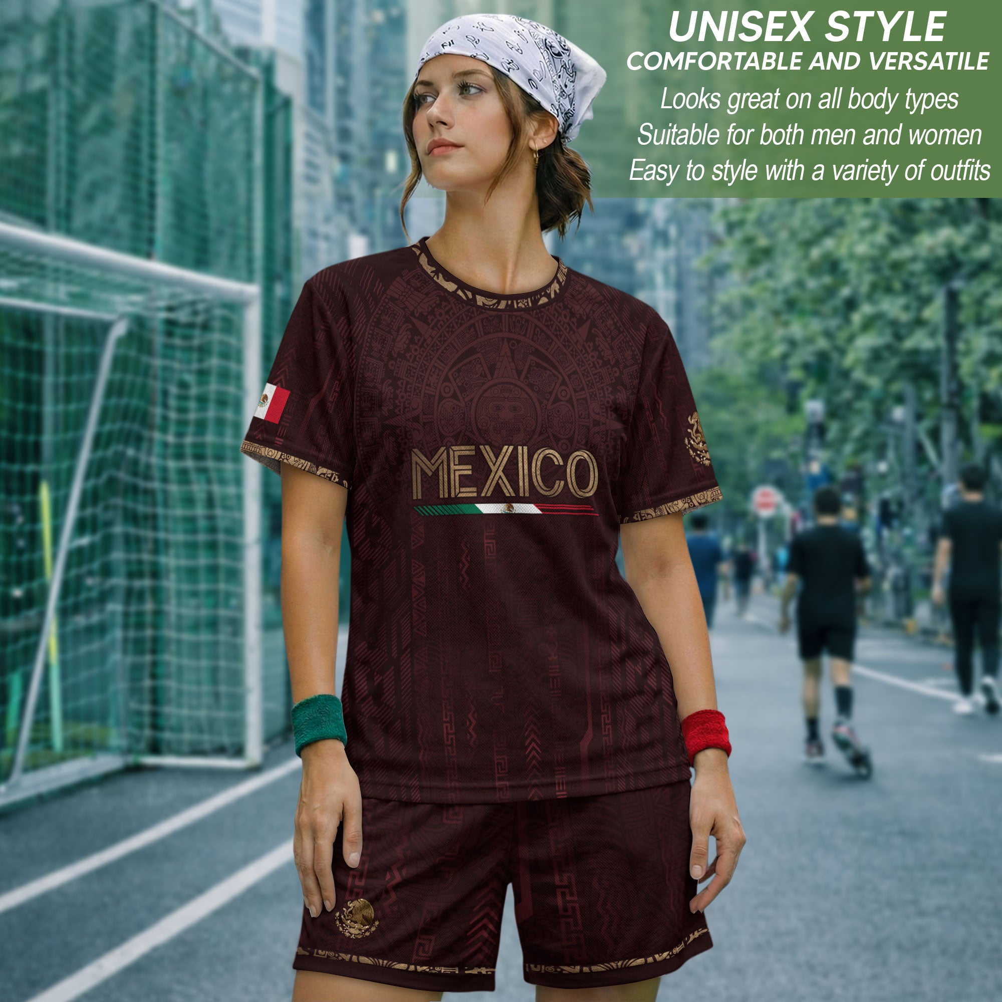 Camiseta de fútbol premium con emblema de águila azteca verde y dorado de México