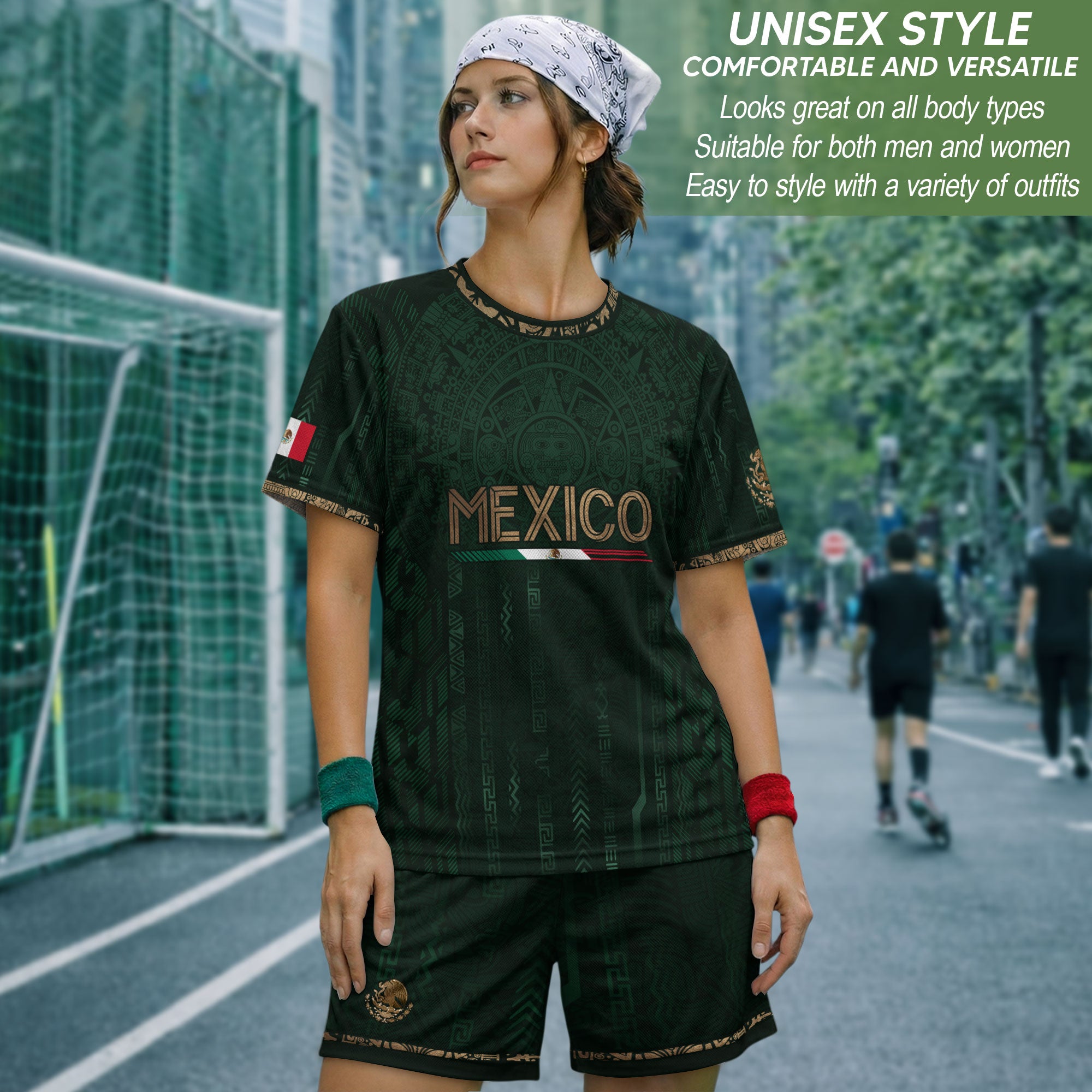 Camiseta de fútbol premium con emblema de águila azteca verde y dorado de México