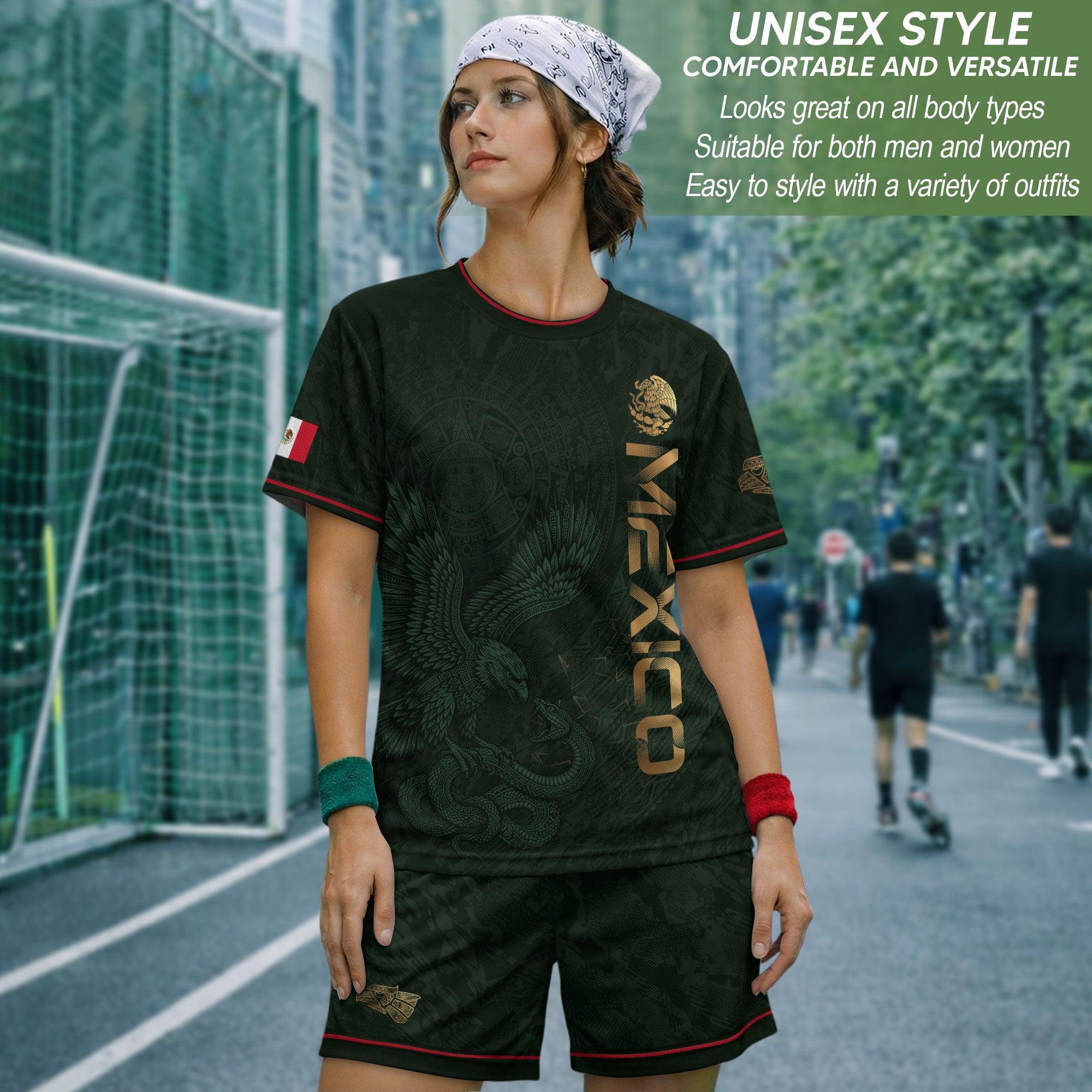 Camiseta de fútbol premium con emblema de águila azteca verde y dorado de México
