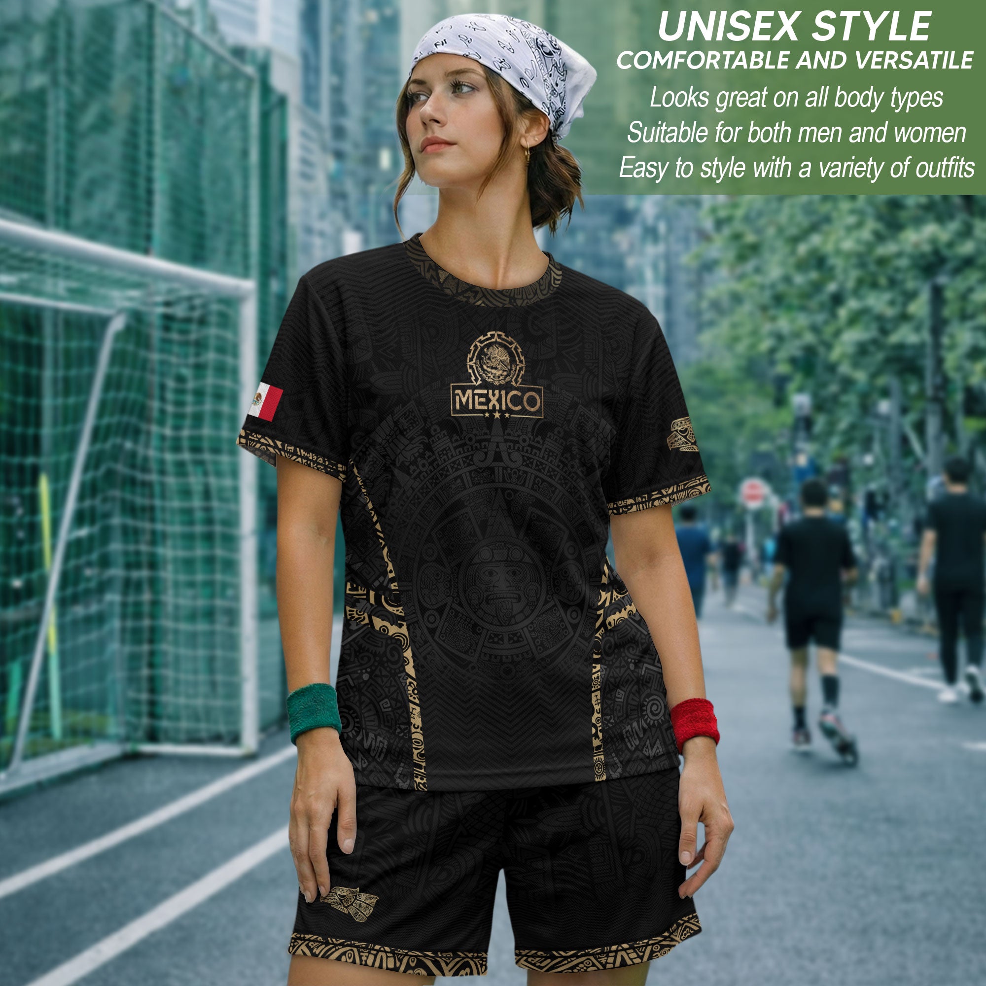 Camiseta de fútbol premium con emblema de águila azteca verde y dorado de México