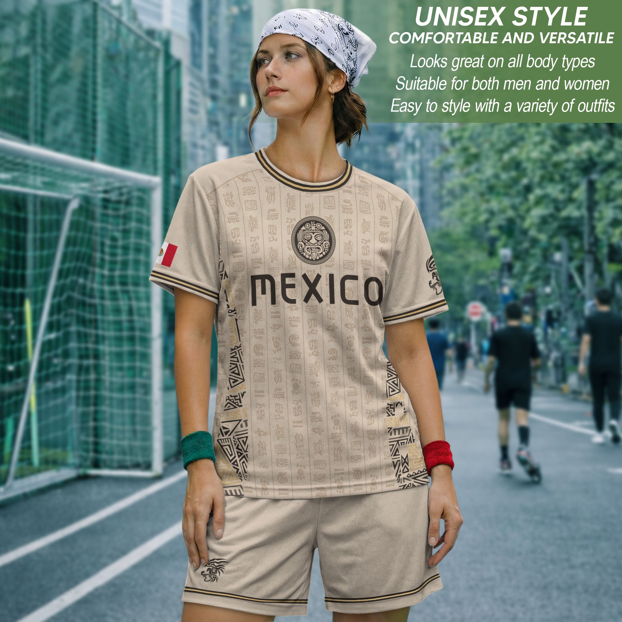 Camiseta de fútbol premium con emblema de águila azteca verde y dorado de México