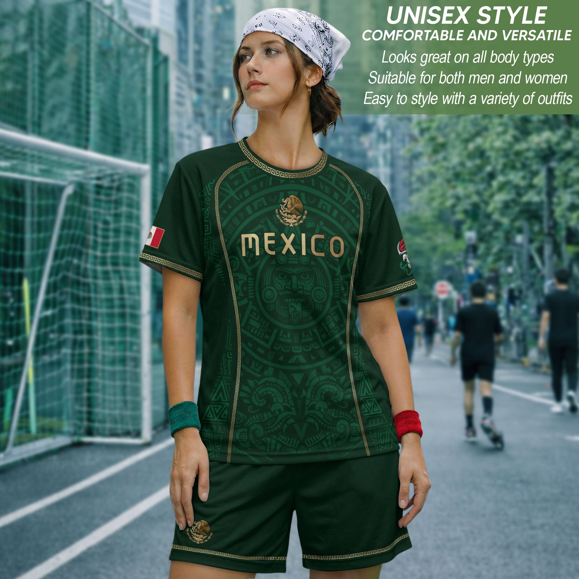 Camiseta de fútbol premium con emblema de águila azteca verde y dorado de México