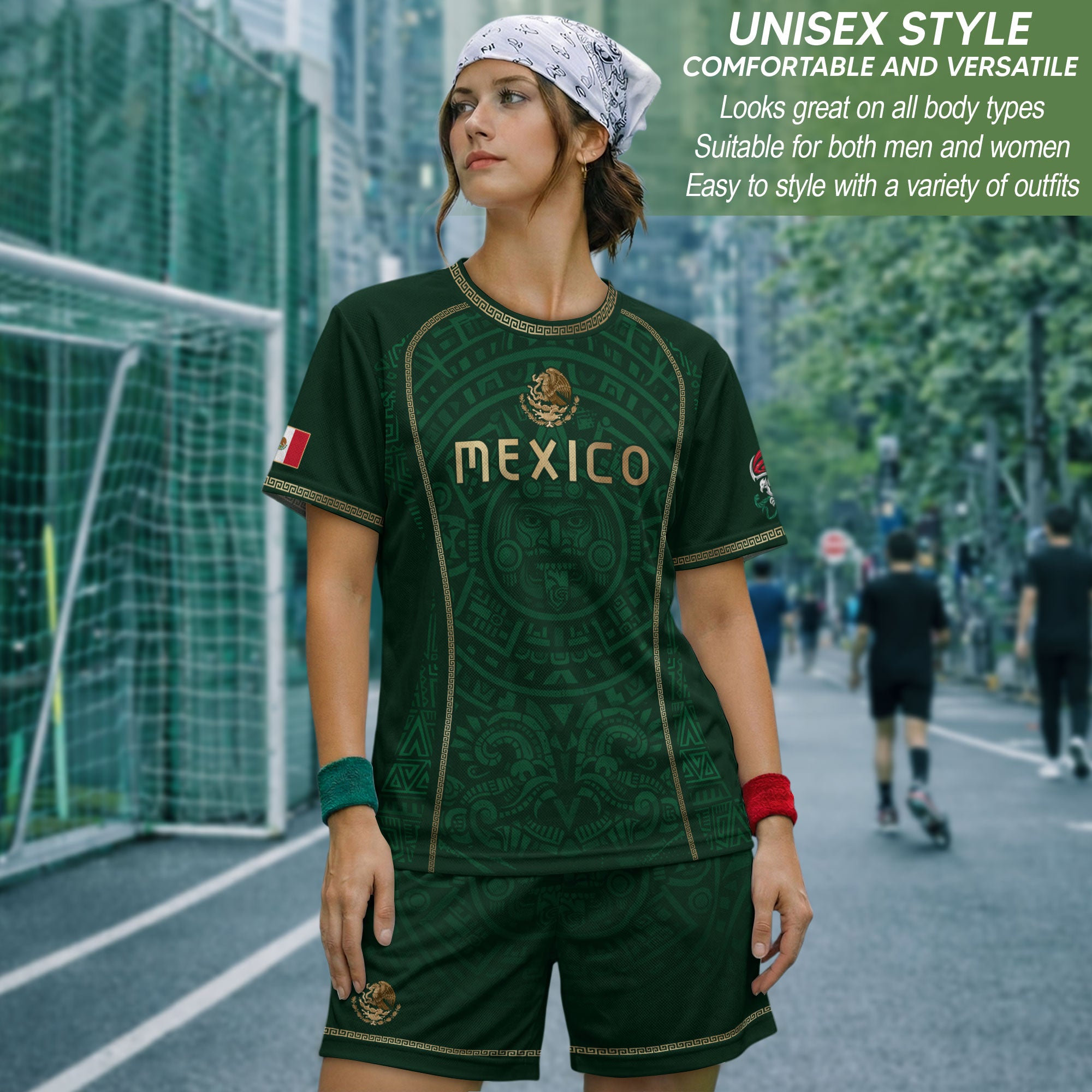 Camiseta de fútbol premium con emblema de águila azteca verde y dorado de México