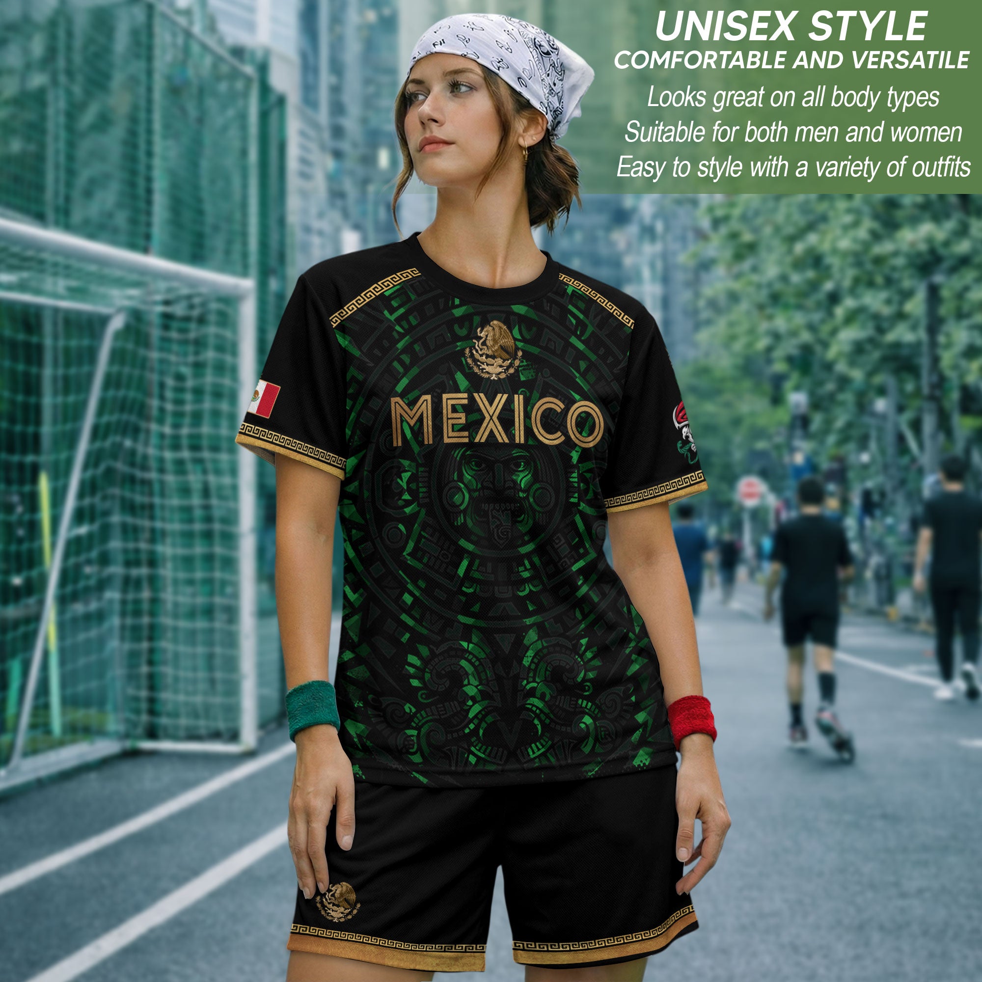 Camiseta de fútbol premium con emblema de águila azteca verde y dorado de México