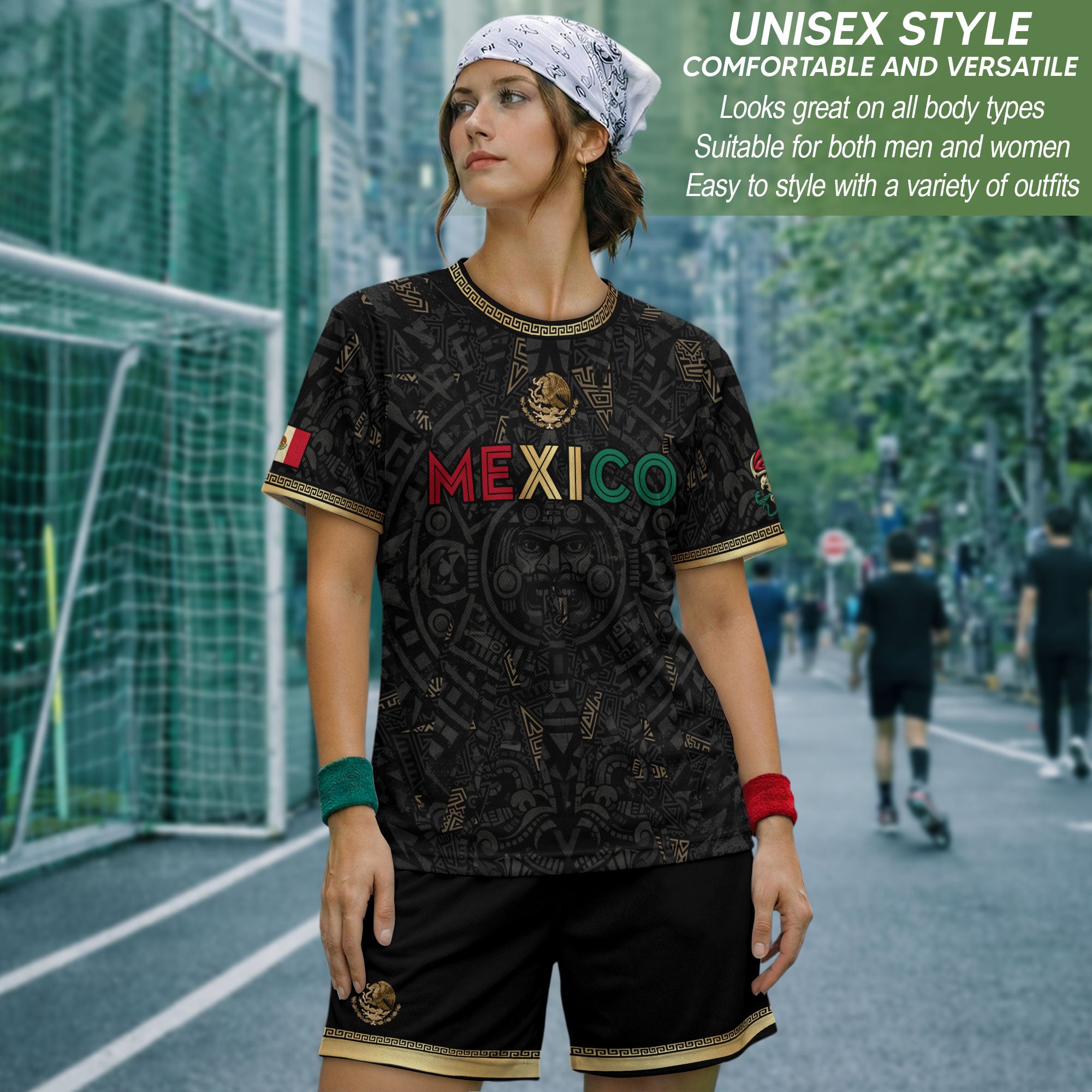 Camiseta de fútbol premium con emblema de águila azteca verde y dorado de México