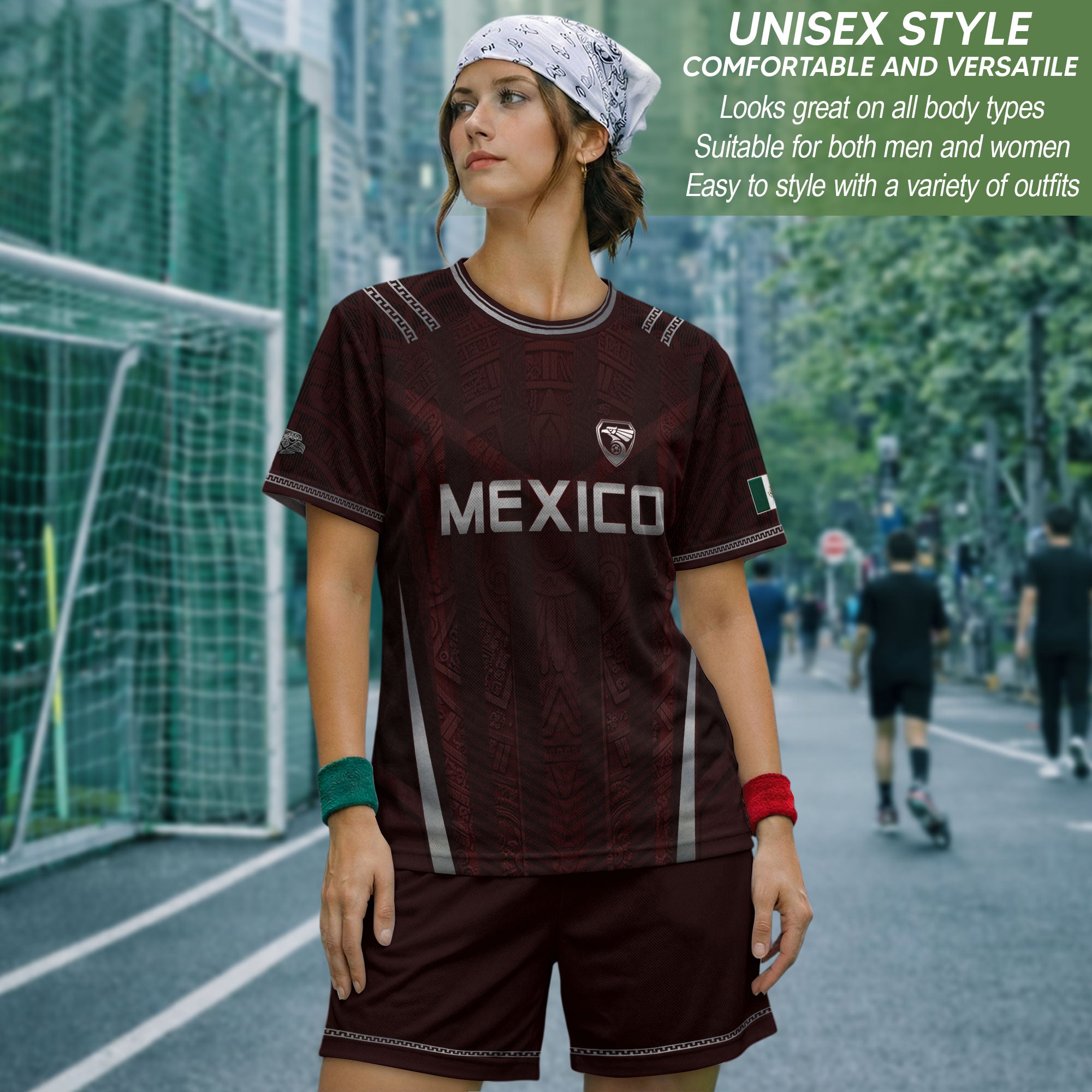 Camiseta de fútbol premium con emblema de águila azteca verde y dorado de México