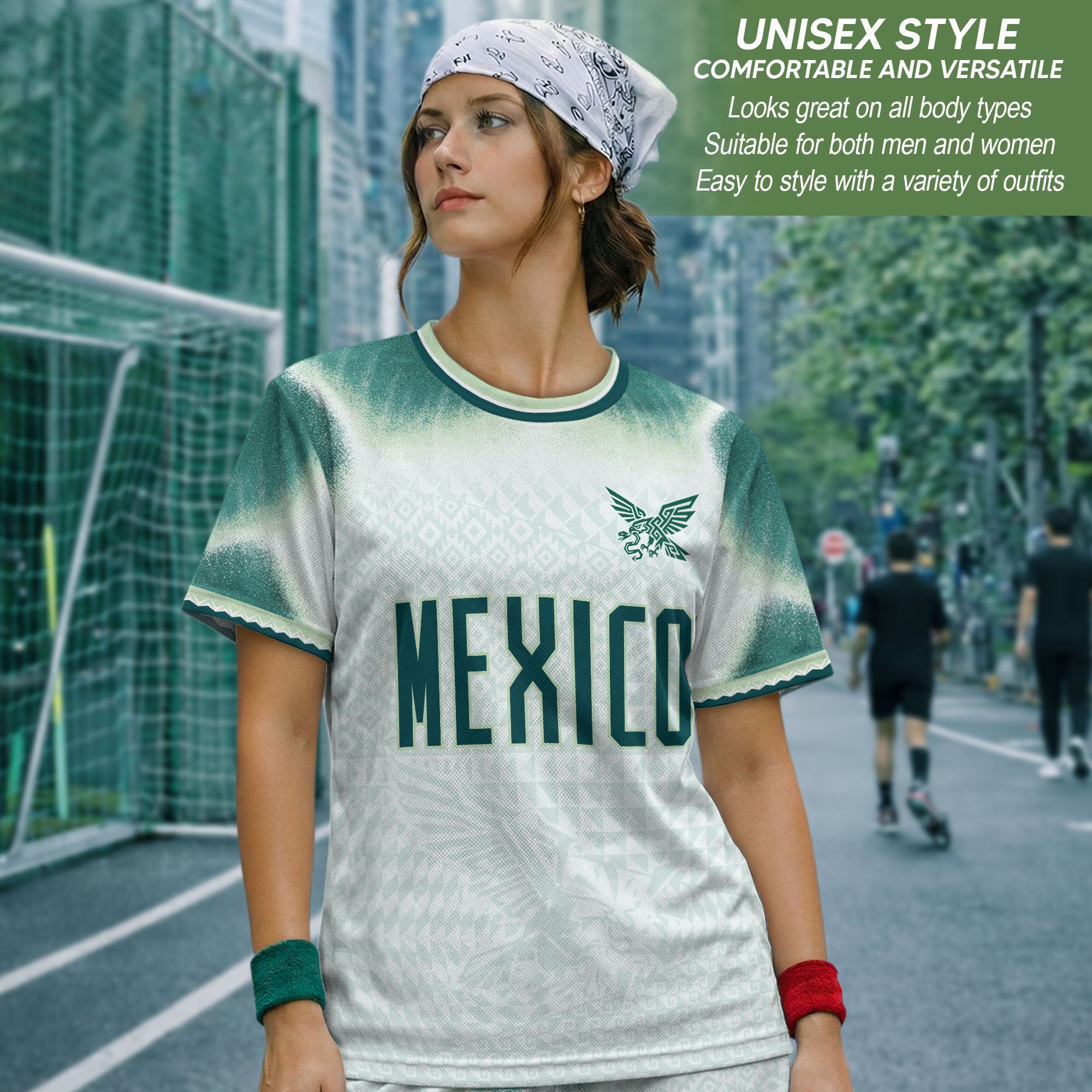 Camiseta de fútbol premium con emblema de águila azteca verde y dorado de México