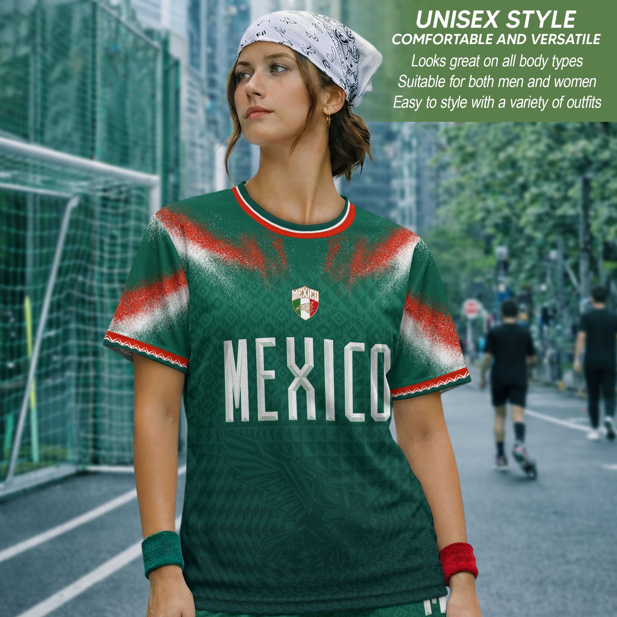 Camiseta de fútbol premium con emblema de águila azteca verde y dorado de México