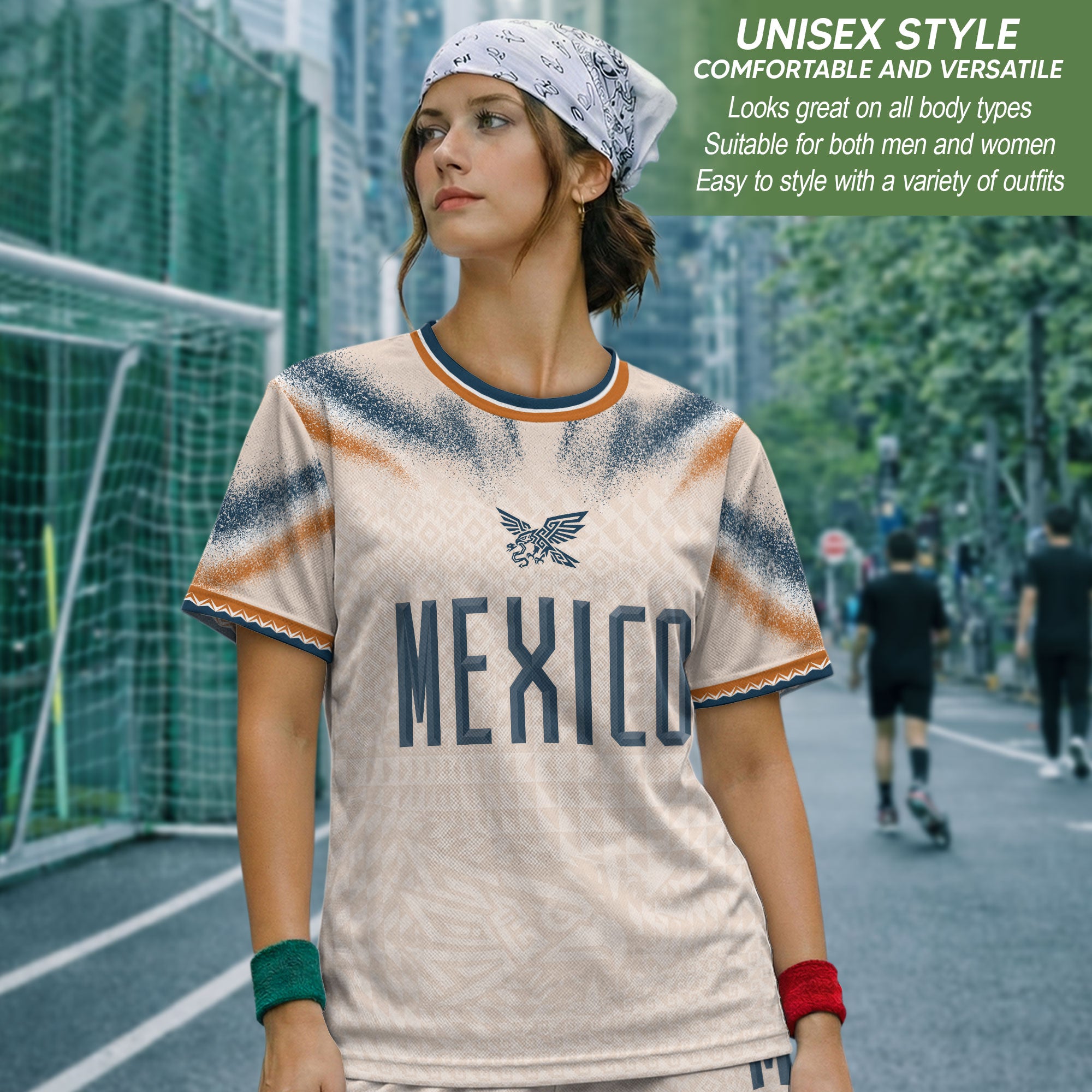 Mexico Soccer Shirt Beige Breathable Fabric Graphic Print Sport Training Jersey Tee