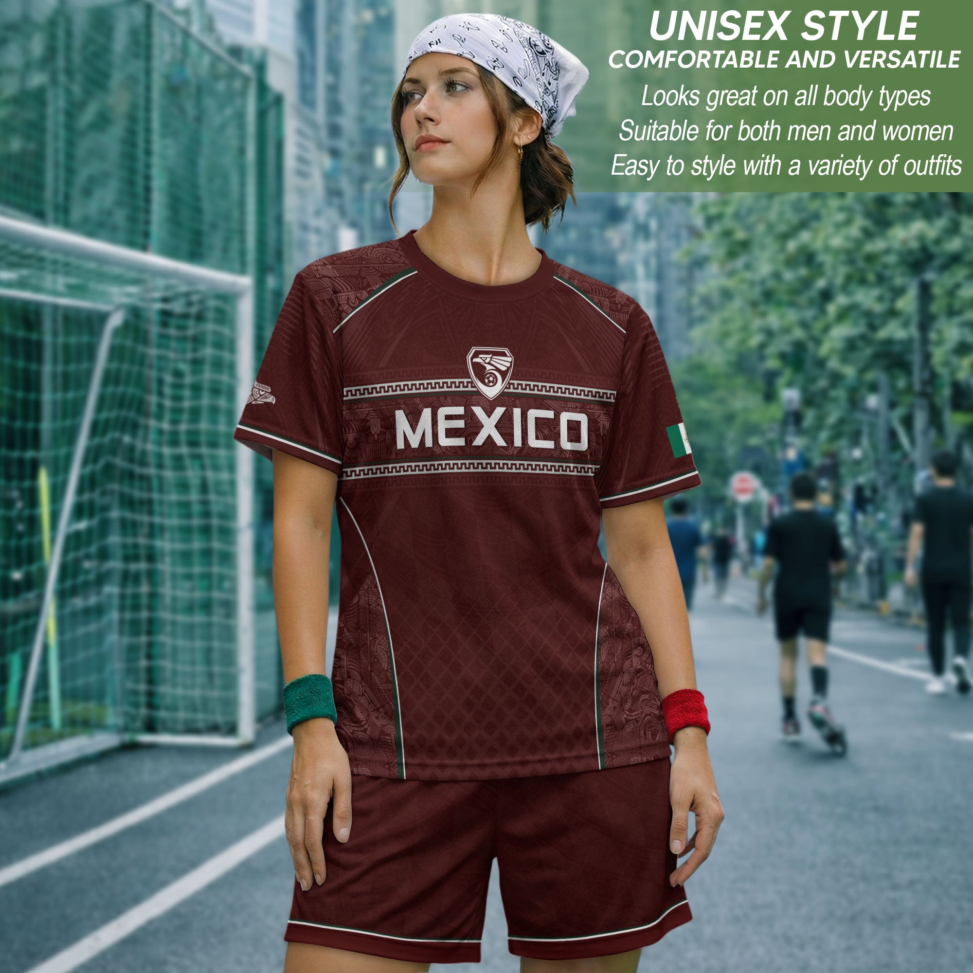 Camiseta de fútbol premium con emblema de águila azteca verde y dorado de México