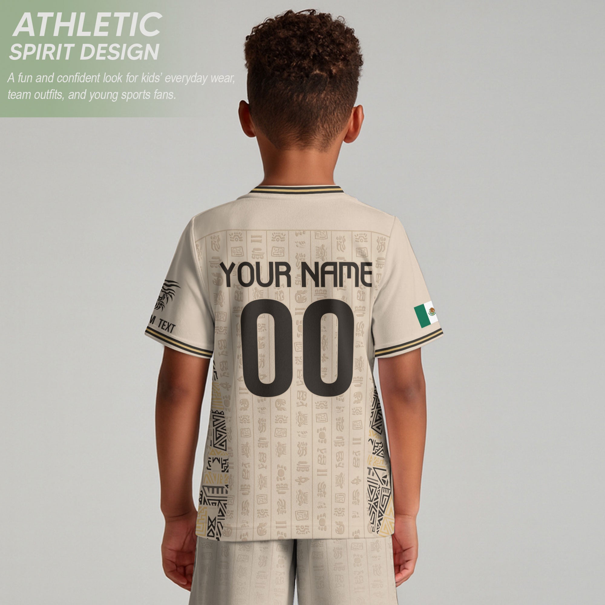 Custom Kid Mexico Soccer Jersey Sand Color Mayan Graphic Personalized Youth Top