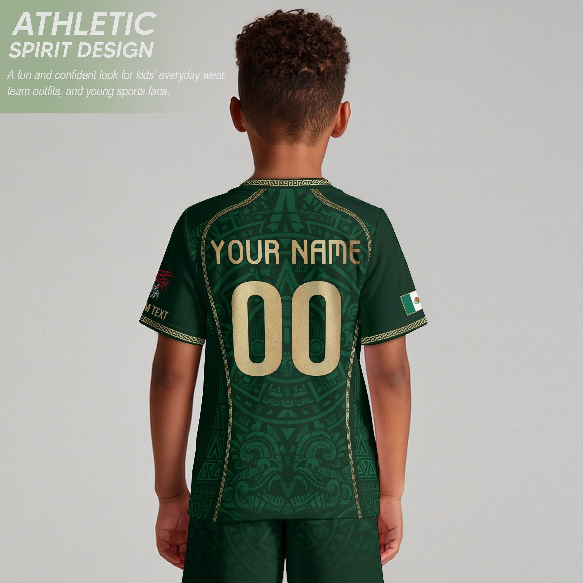 Custom Kid Mexico Soccer Jersey Green Edition Mayan Print Custom Name Youth Shirt