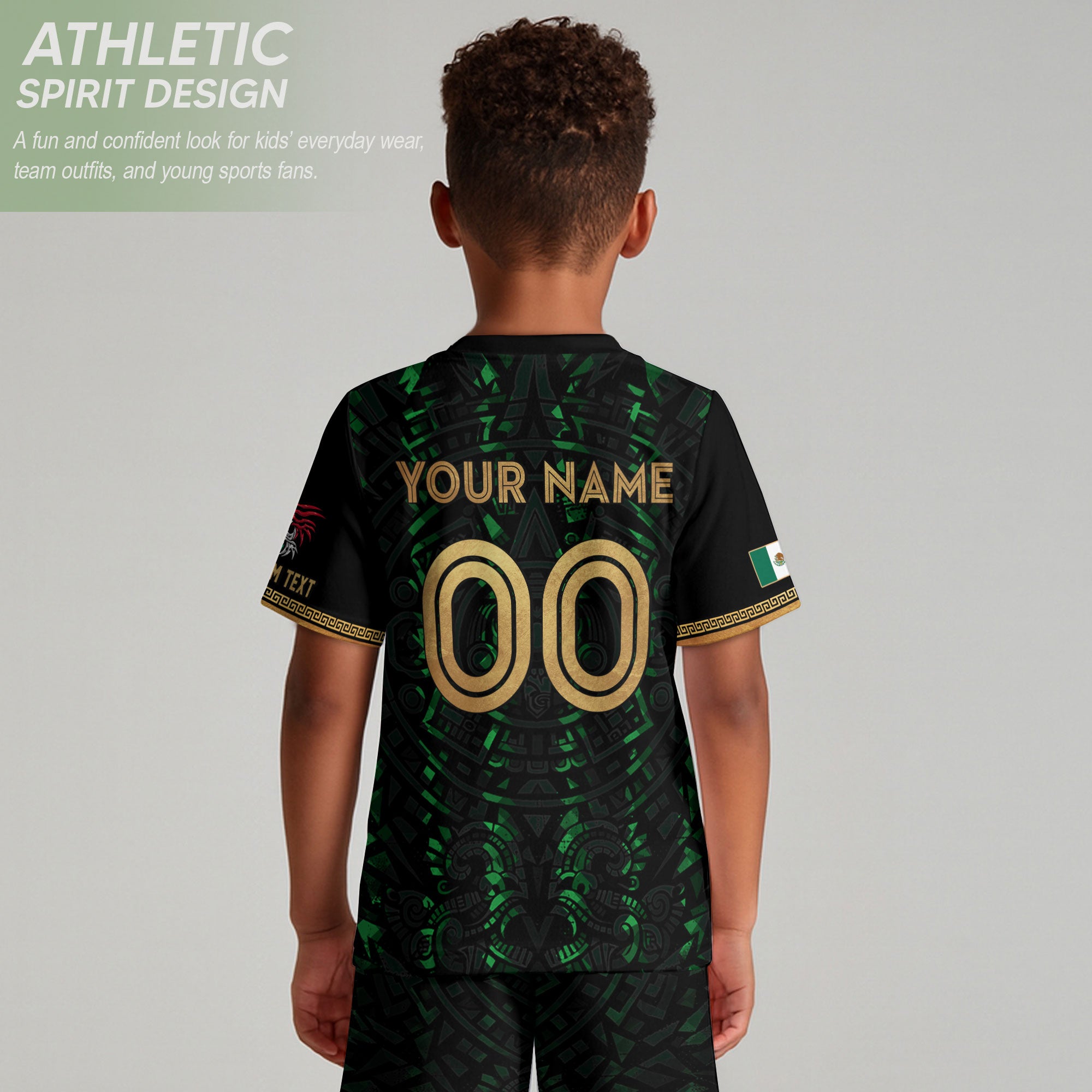 Custom Kid Mexico Soccer Jersey Black Green Design Tribal Pattern Sport Shirt